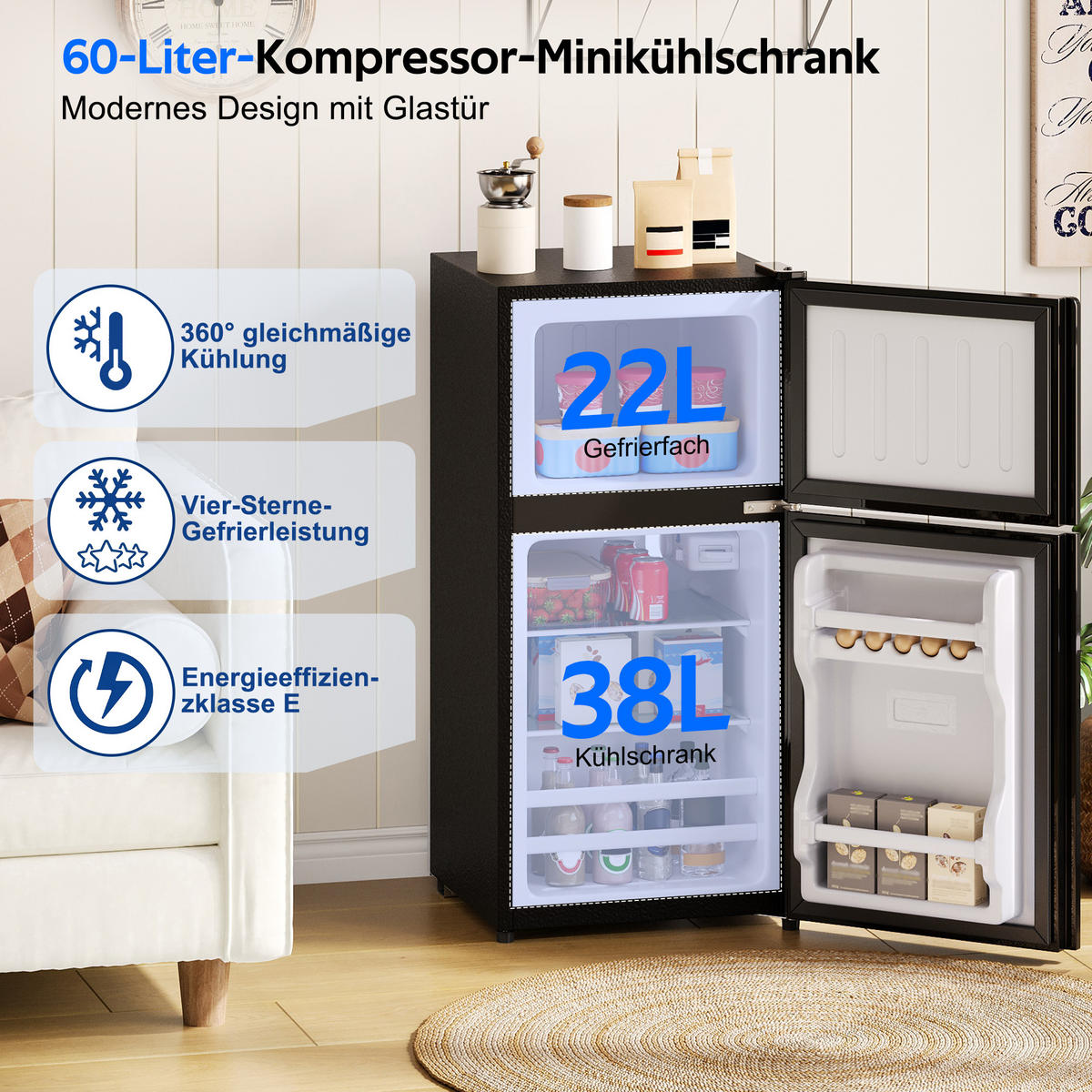 MINIKUHLSCHRANK 44.5/42.5/87.5 cm Schwarz 60L mit LED-Beleuchtung - Schwarz, Metall (44.5/87.5/42.5cm) - Oxeza