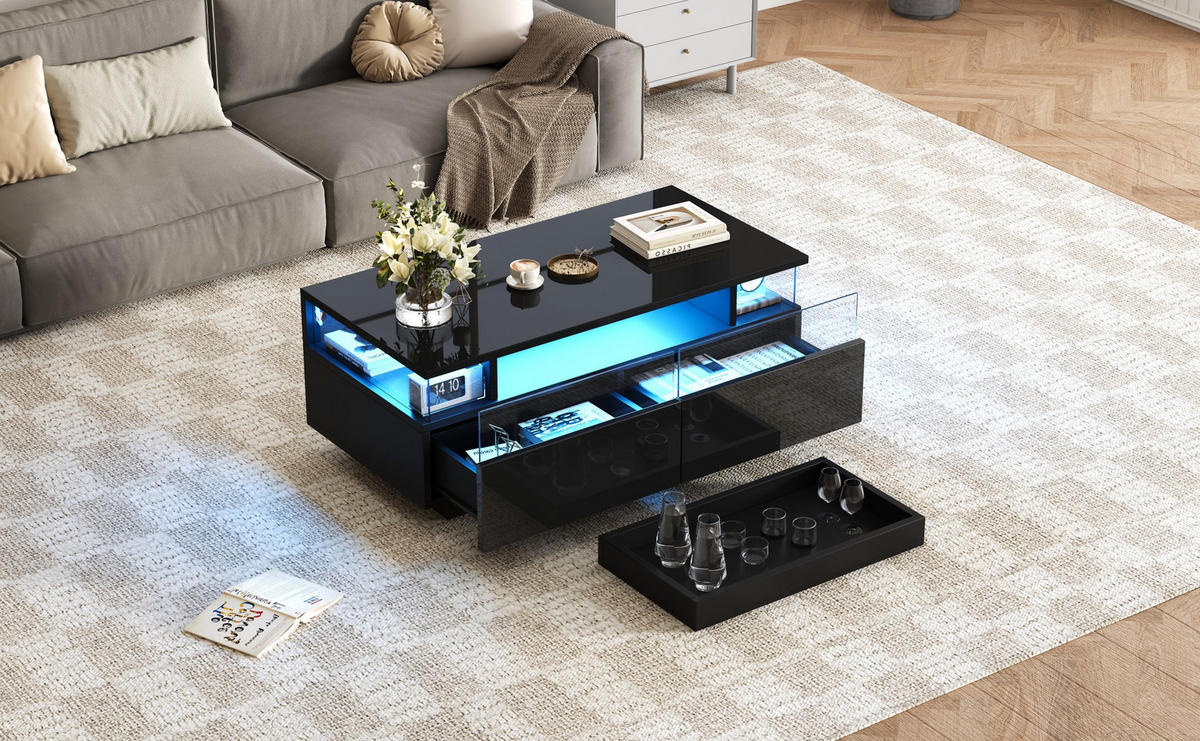 COUCHTISCH 90/45/35,5 cm mit LED-Beleuchtung, herausnehmbarem Tablett und 2 Schubladen, Hochglanz mit Hartglas, Schwarz - Schwarz, Holzwerkstoff (90/45/35.5cm) - Redom