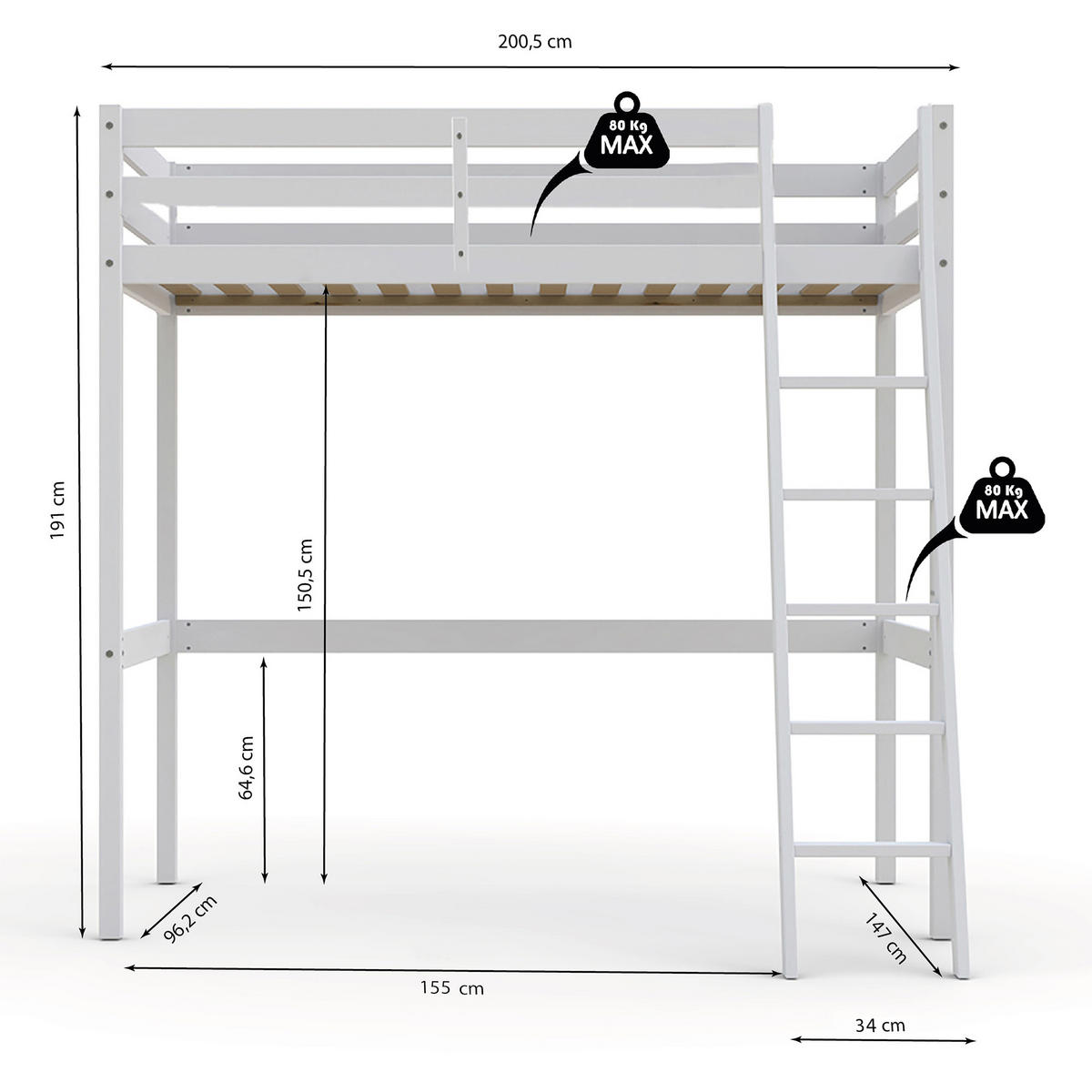 HOCHBETT STUDIO mit Lattenrost/ Hochbett 90x190 - Weiß - Weiß, Holz (90/190cm) - Weber Industries