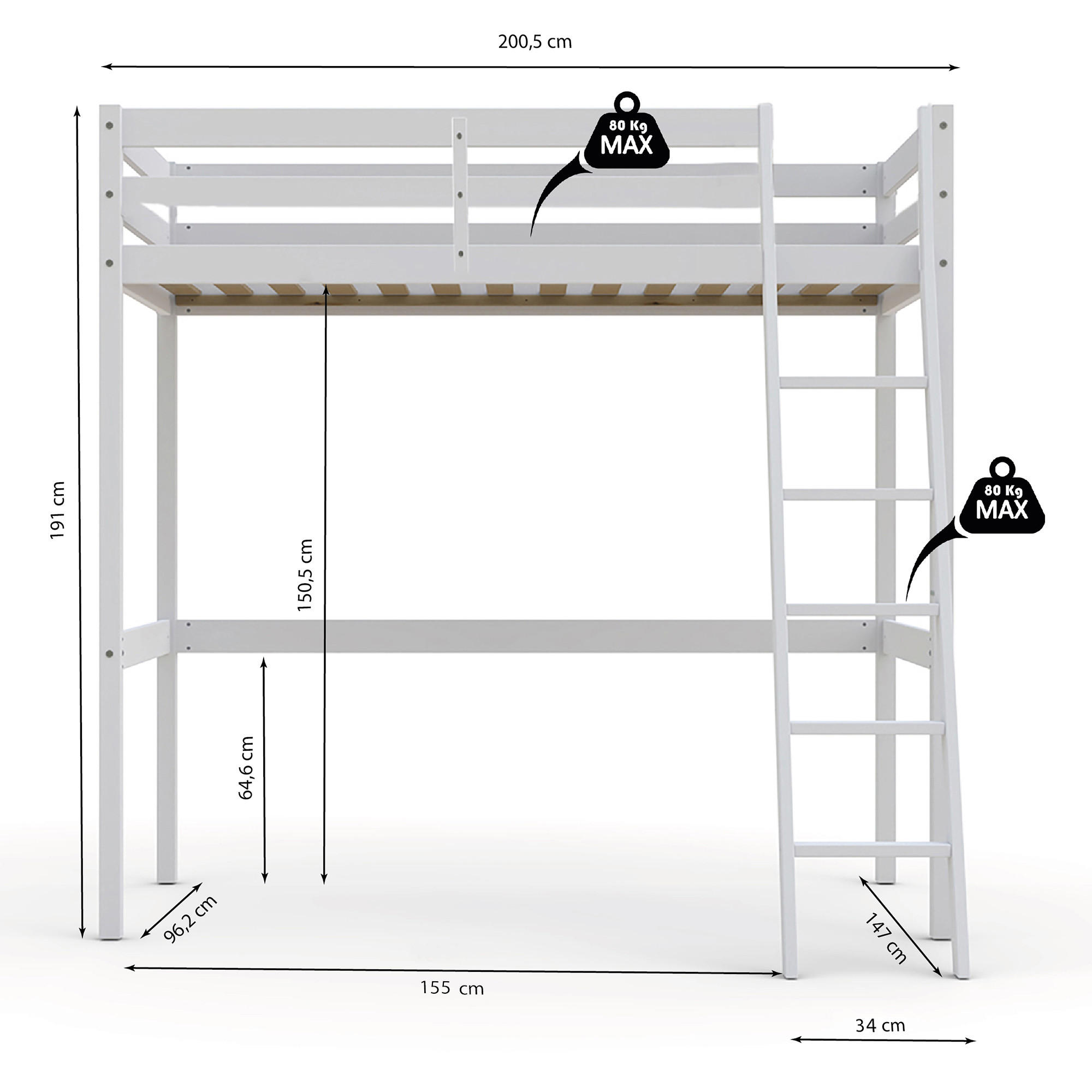 Thumbnail - Weber Industries Hochbett, Weiß, Holz, Echtholz, 140x190 cm, Kinder- & Jugendzimmer, Kindermöbel, Kinderbetten, Hochbett...