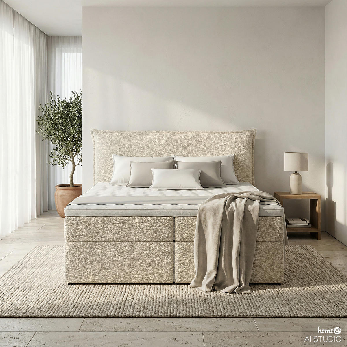 BOXBETT mit Stauraum - Bouclé - Creme, Holzwerkstoff/Textil (180/200cm) - home24