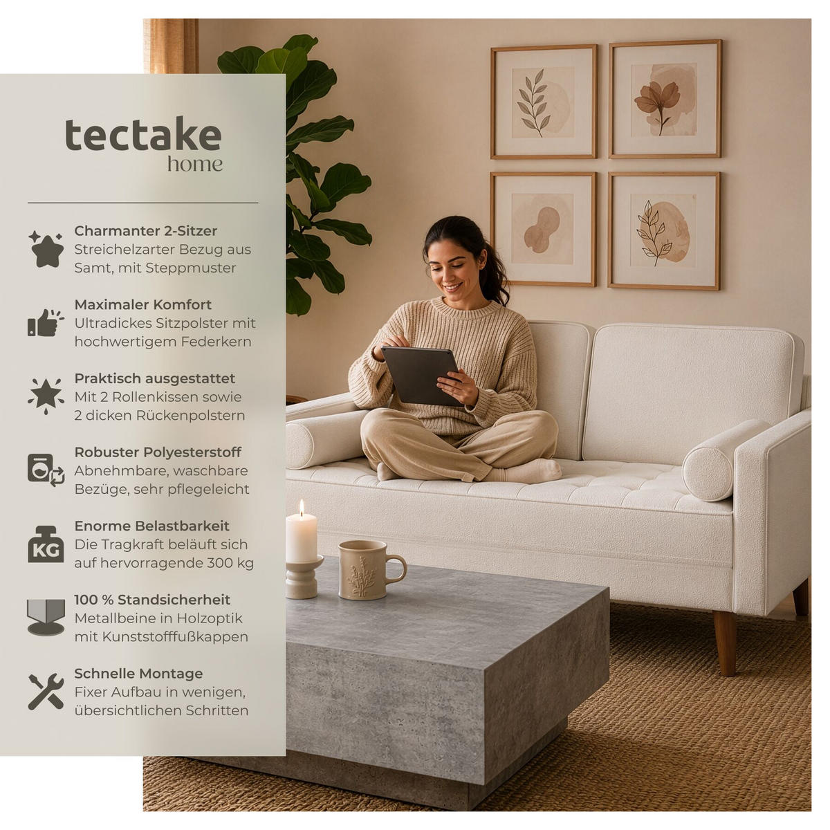 SOFA Skagen, 135 x 76 x 85 cm, Samtoptik creme - Creme/Braun, Kunststoff/Textil (135/85/76cm) - tectake