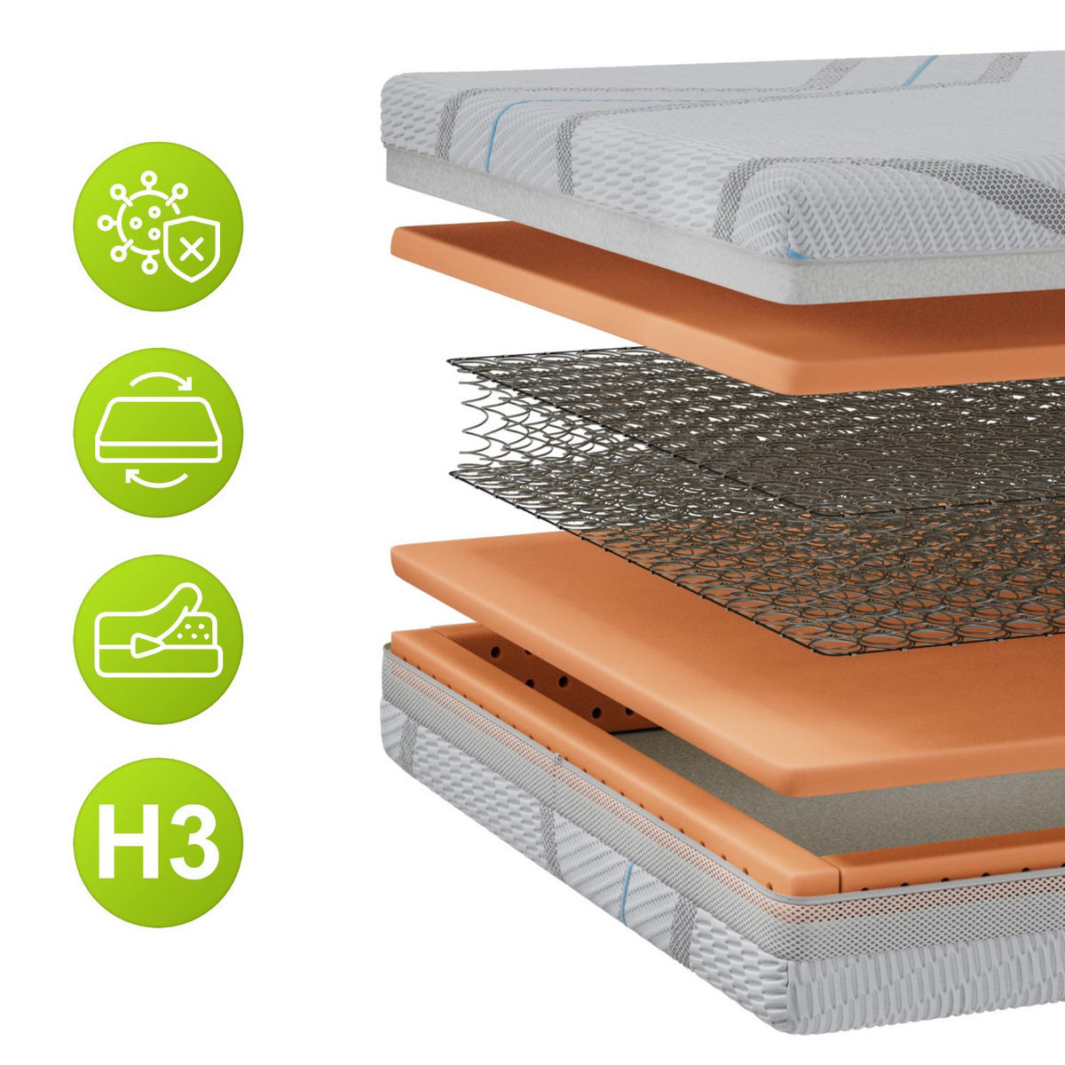 FEDERKERNMATRATZE TOVA - 140/200 - H3 - Lux - Hellgrau, Textil (140/200cm) - MKS