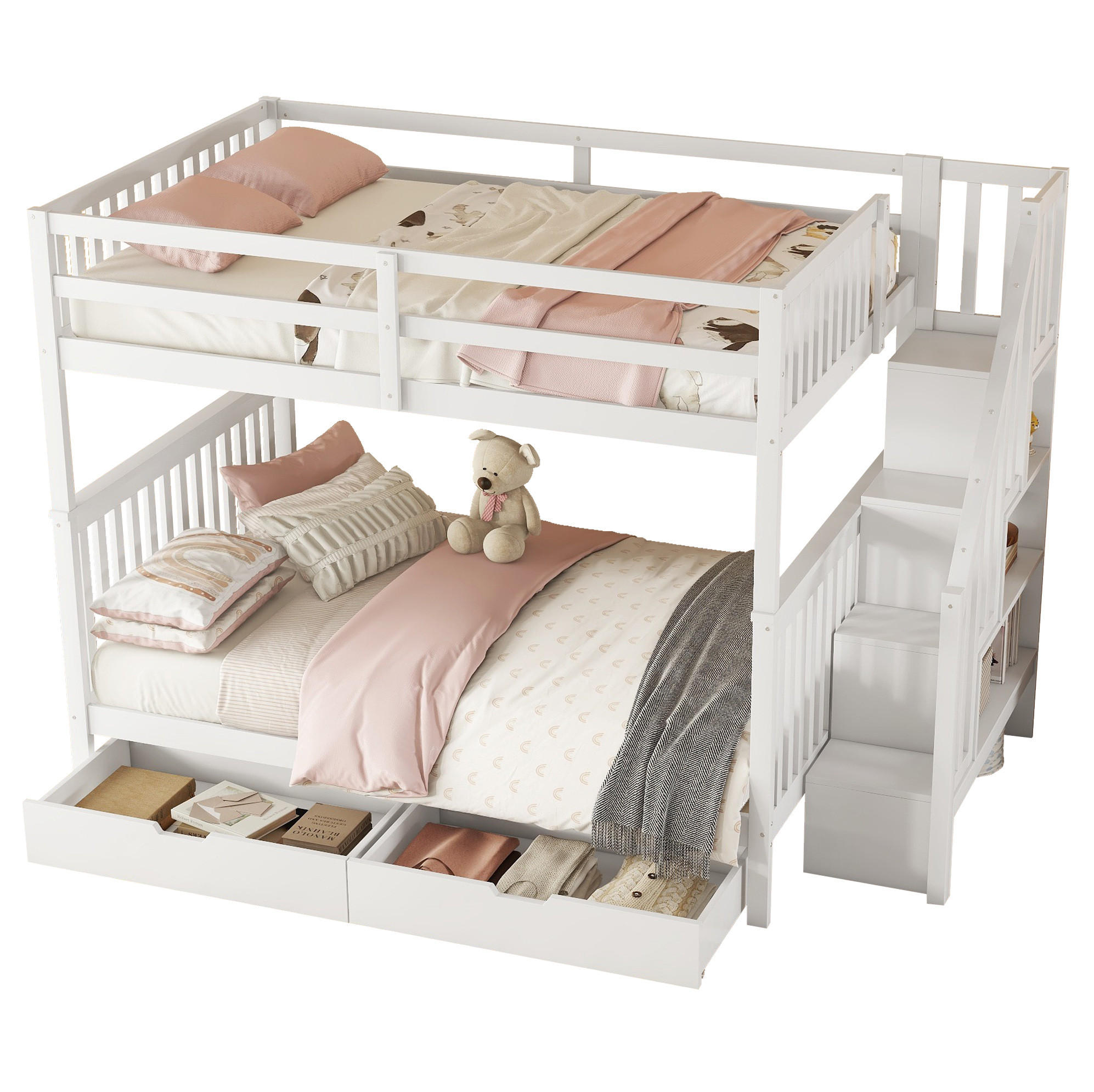ETAGENBETT 140/200 cm aus Kiefern mit Treppenregal, 2 Schubladen und hohem Fallschutz, Weiß - Weiß, Holzwerkstoff (140/200cm) - Redom