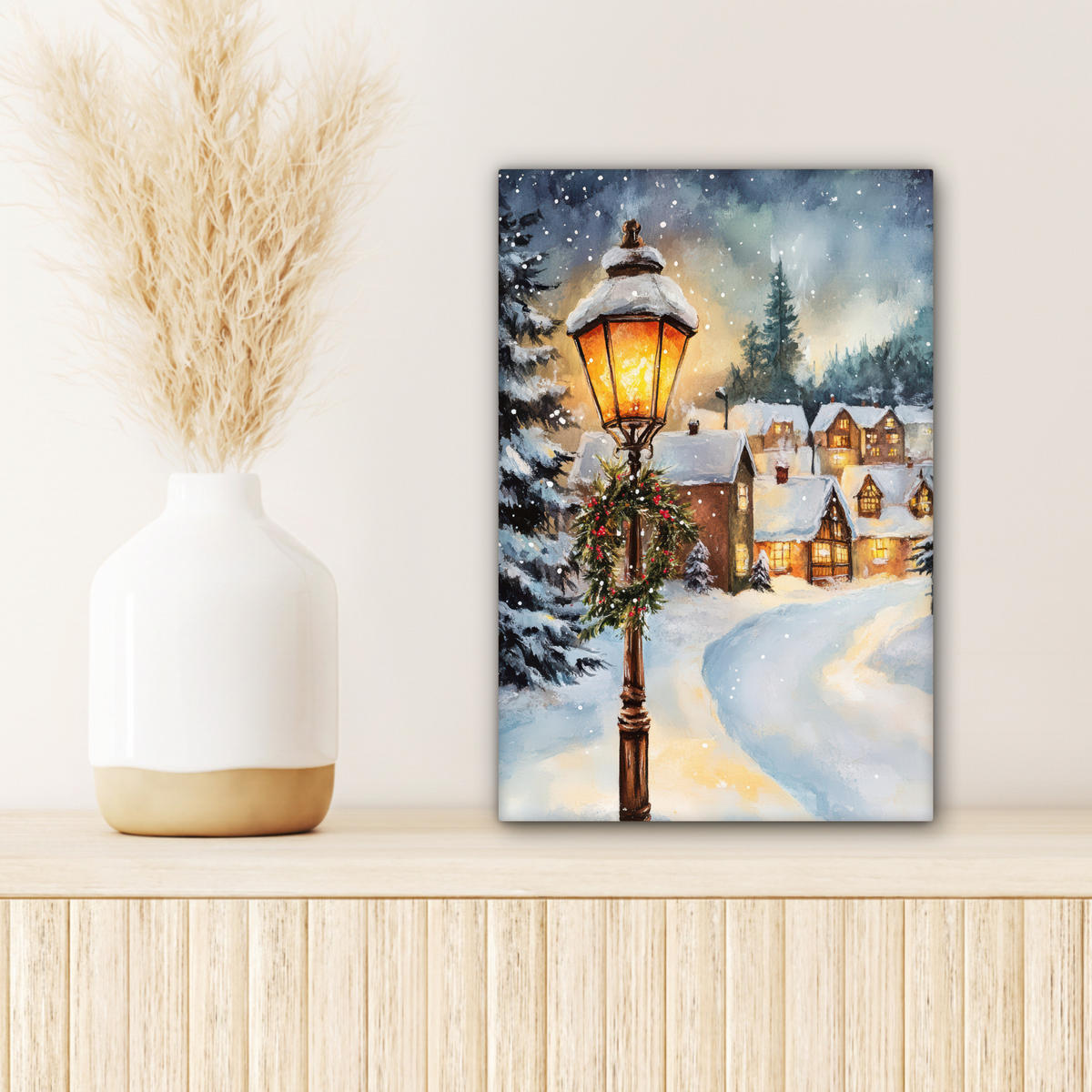 LEINWANDBILD Weihnachtsdorf - Häuser - Schnee - Weihnachten Deko Wohnzimmer 20x30 cm - Sandfarben, Textil (20/30cm) - MuchoWow