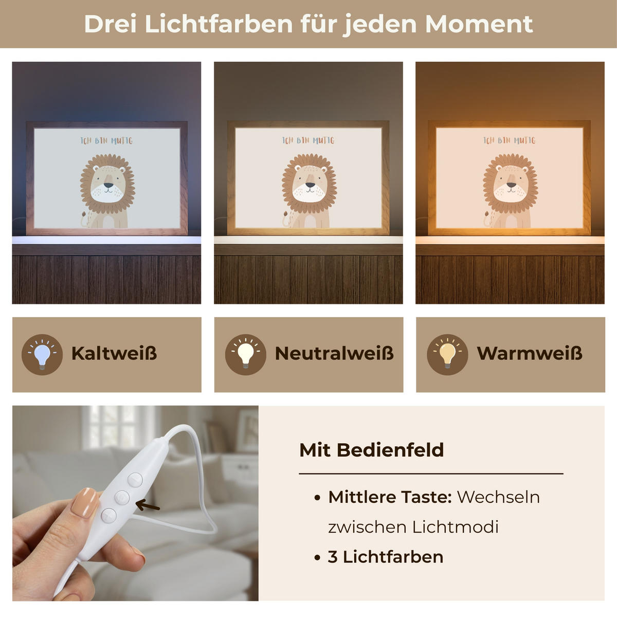 WANDLEUCHTE Löwe - Beige - Tier - Mutig - Zitat 30x20 cm - Beige, Holzwerkstoff (30/20/8cm) - OnlyWow