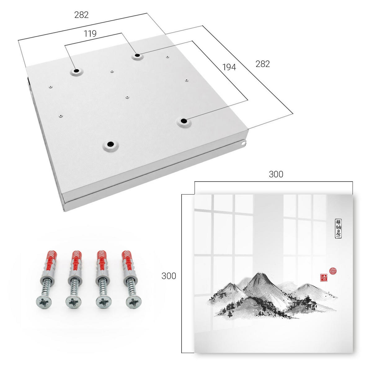 SCHLÜSSELBOX Weiß 30x30 cm – Türöffnung nach rechts - Japanische Berge - Weiß, Metall (30/30/5cm) - TULUP