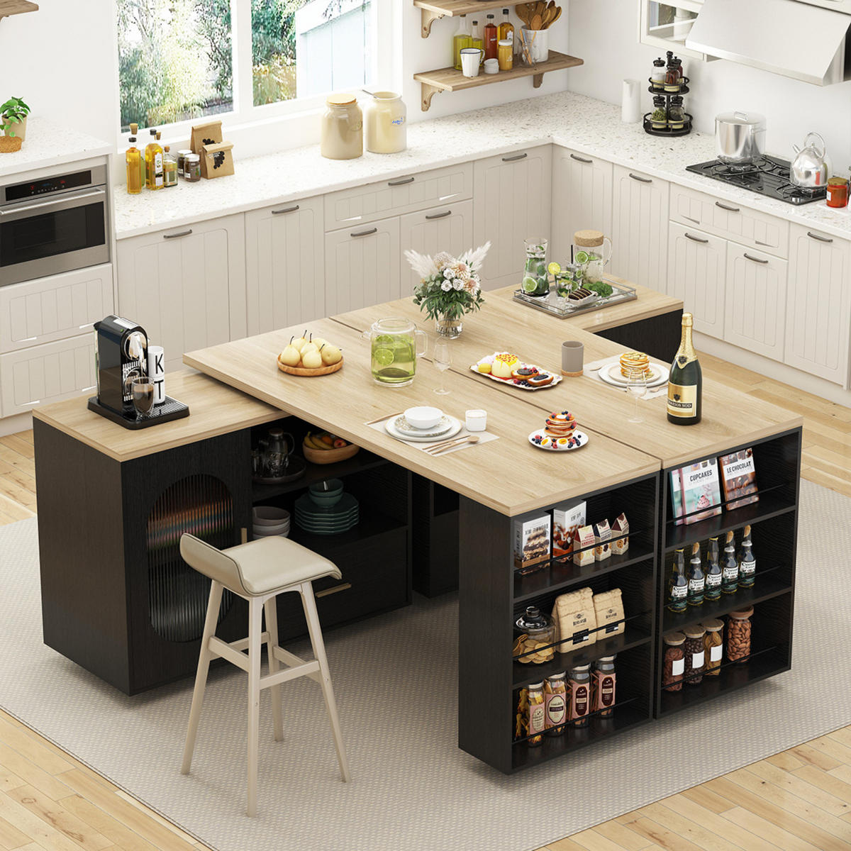 KÜCHENINSEL 360° drehbar mit Stauraum multifunktional Design - Schwarz/Naturfarben, Holzwerkstoff/Metall (184/90/60cm) - Quality Elegance