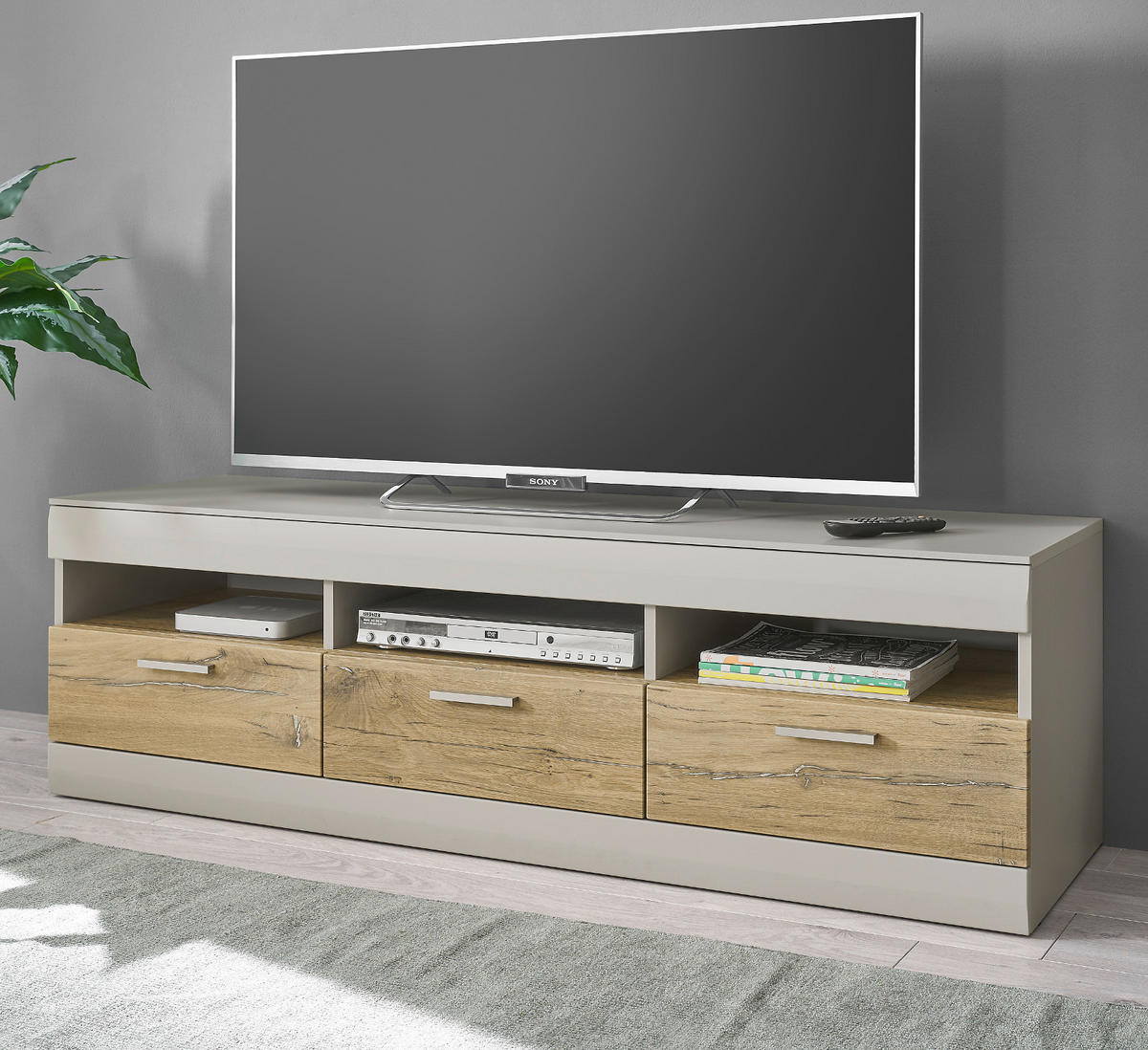 TV-LOWBOARD grau matt, Zinneiche 150 cm, TV Unterteil mit Soft-Close - Eichefarben/Silberfarben, Holzwerkstoff/Metall (150/46/45cm) - Furn.Design