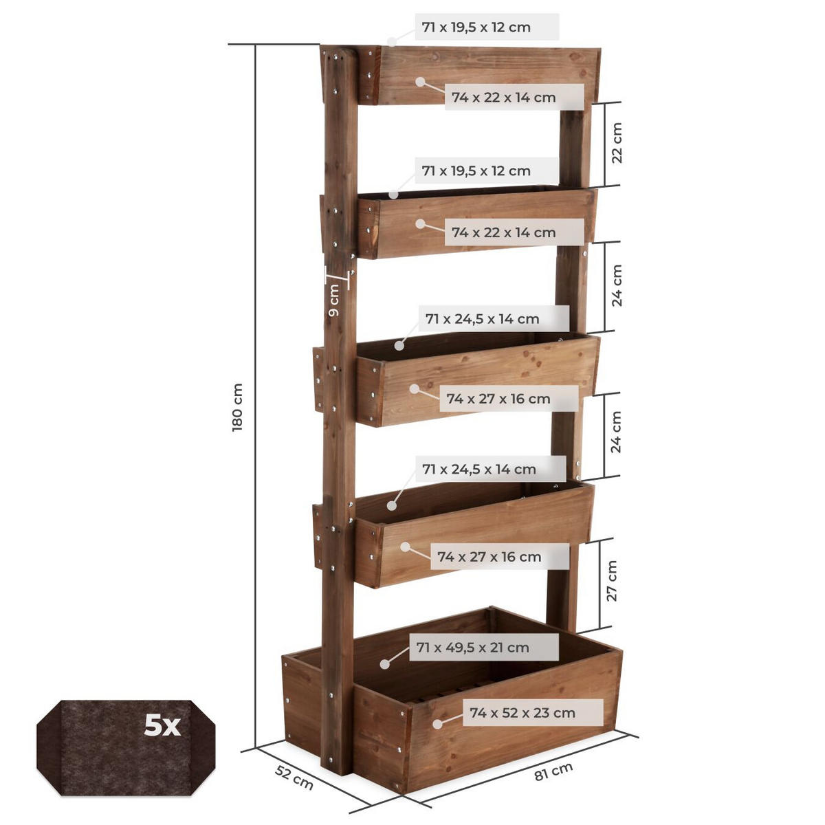 HOCHBEET Flora, inklusive Pflanzvlies, 81 x 52 x 180 cm, braun - Braun, Holz (81/180/52cm) - tectake