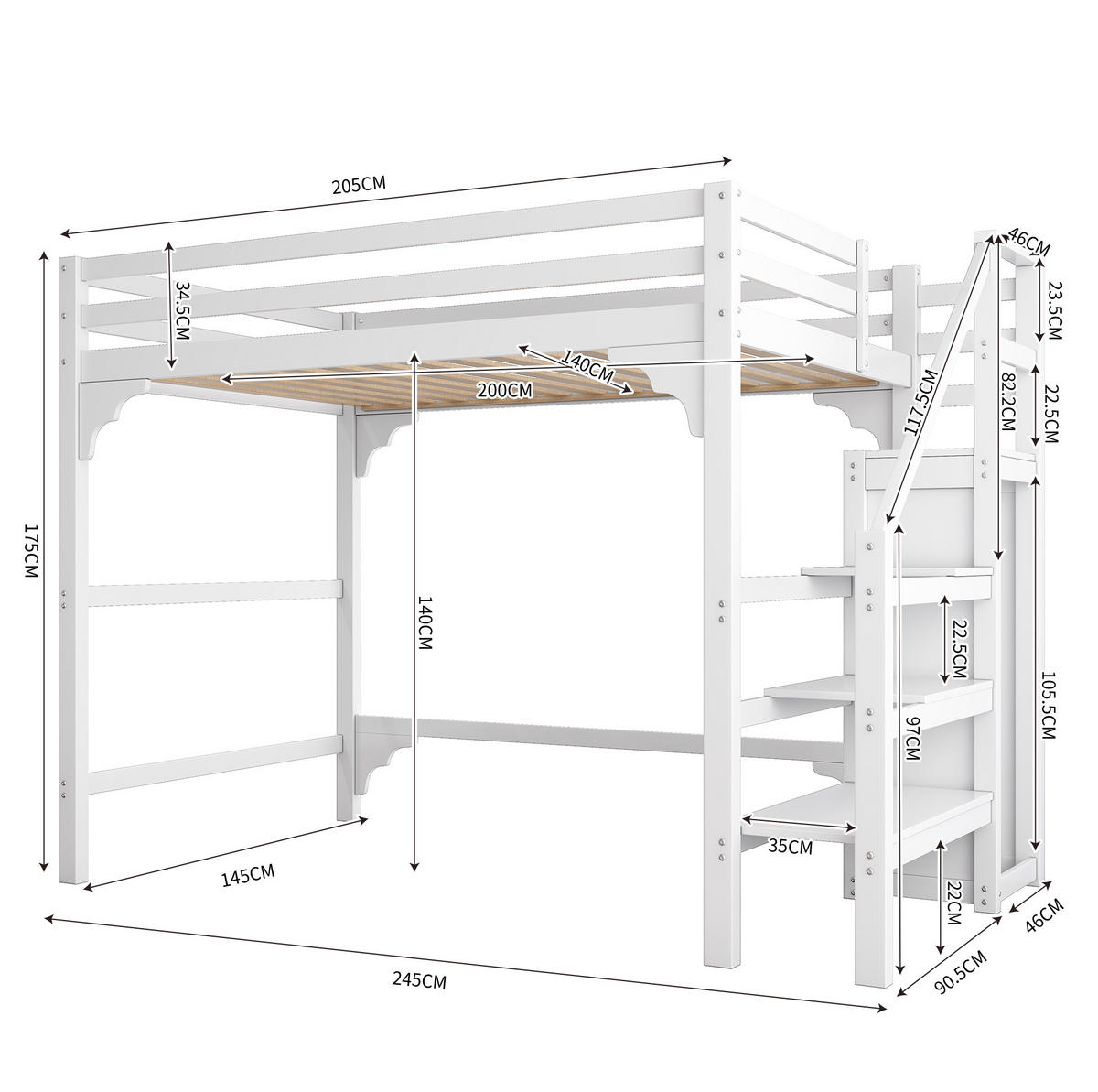 HOCHBETT 140/200 cm Weiß mit Kleiderschrank und Stufentreppe mit Matratze - Weiß, Holzwerkstoff (140/200cm) - OKWISH
