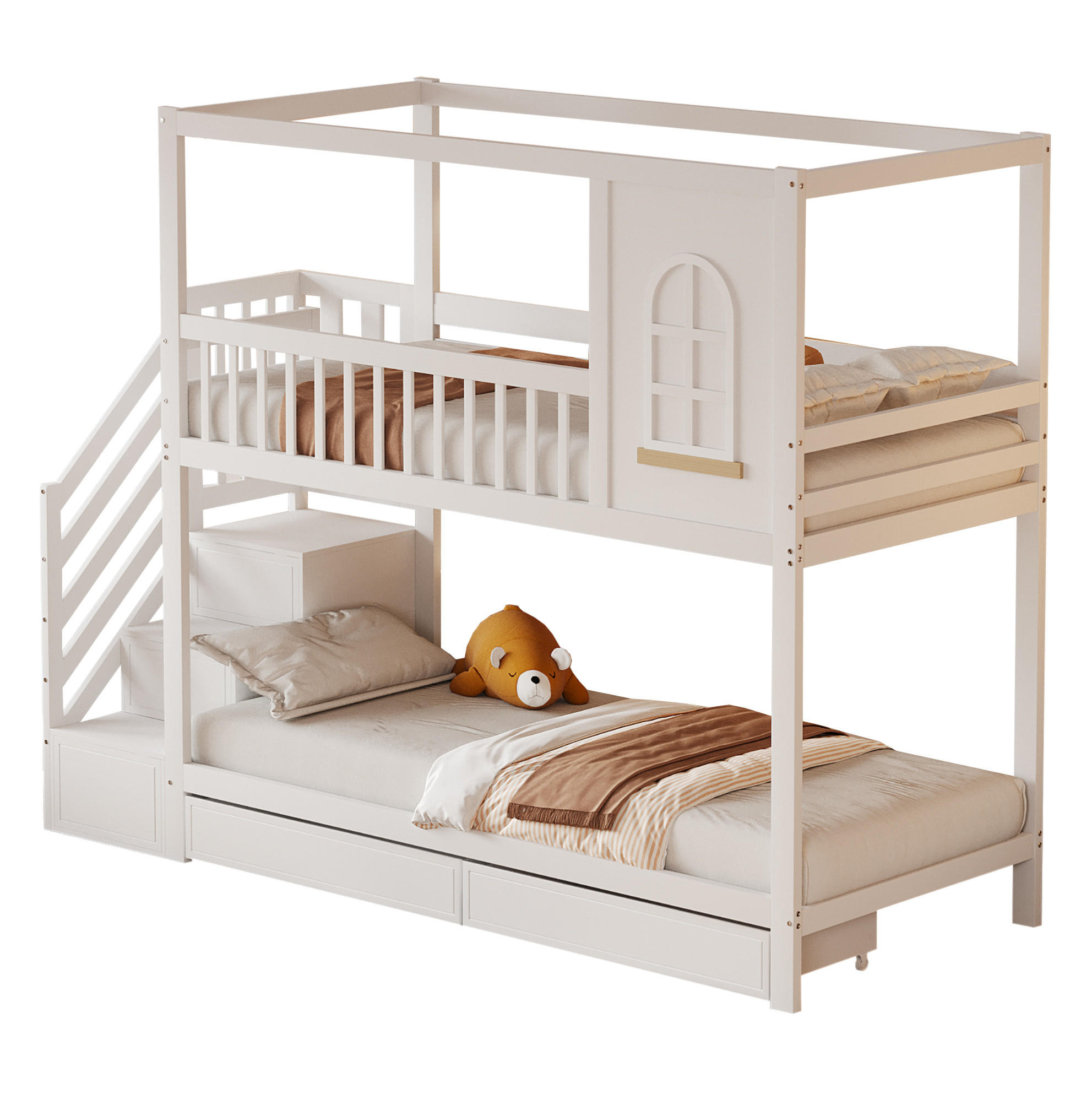 ETAGENBETT 90/200 cm aus Massivholz mit Schubladen und Sicherheitsleiter - Weiß, Holz (90/200cm) - BEAOK