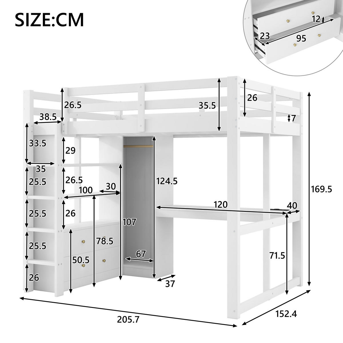 HOCHBETT 140/200 cm in Weiß mit 2 Schubladen, Regal, LED und USB Massivholz & MDF - Weiß, Holz/Holzwerkstoff (140/200cm) - CHICFURN