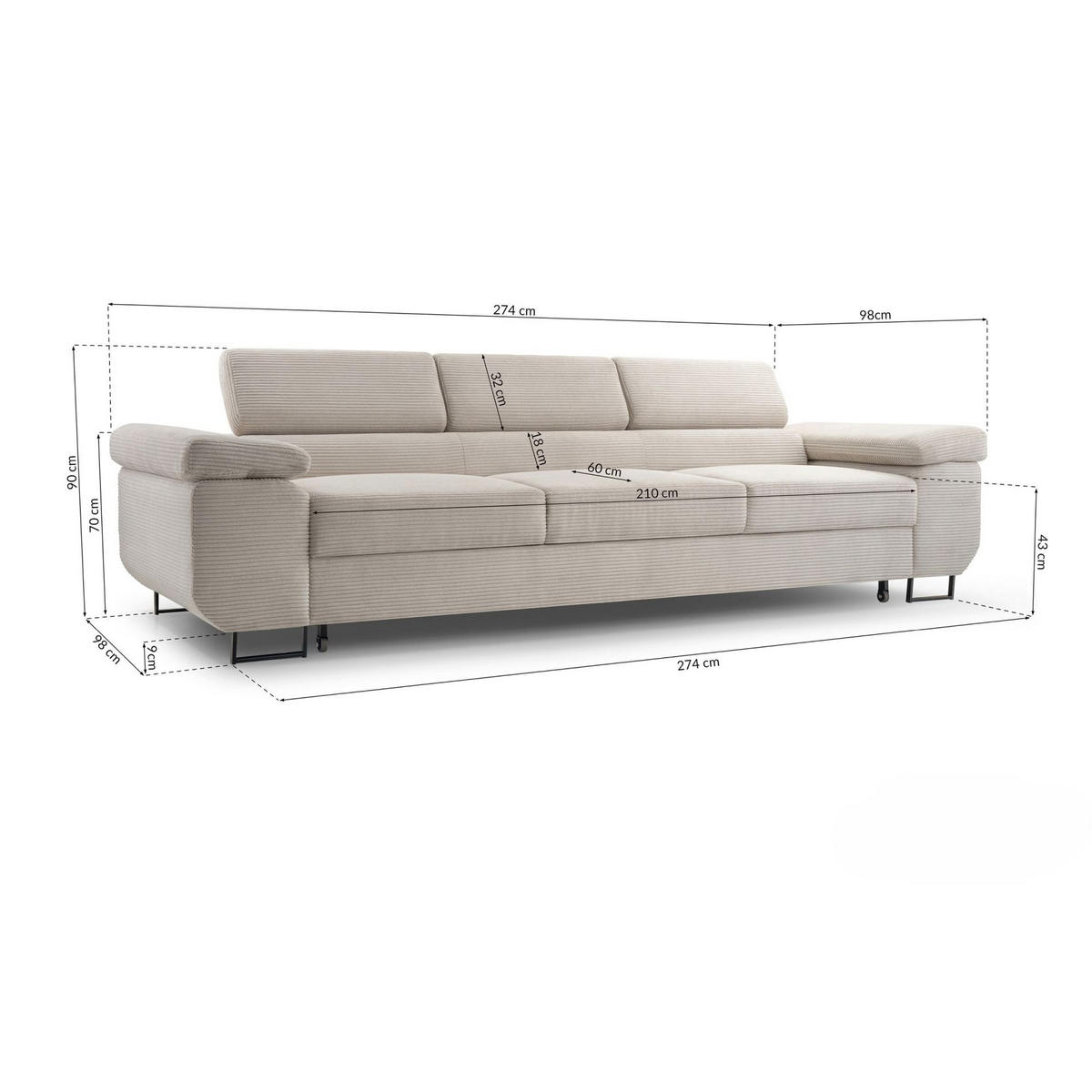 3-SITZER SOFA Capurso Hellgrau Cord - Hellgrau/Schwarz, Textil/Metall (274/90/98cm) - Selsey