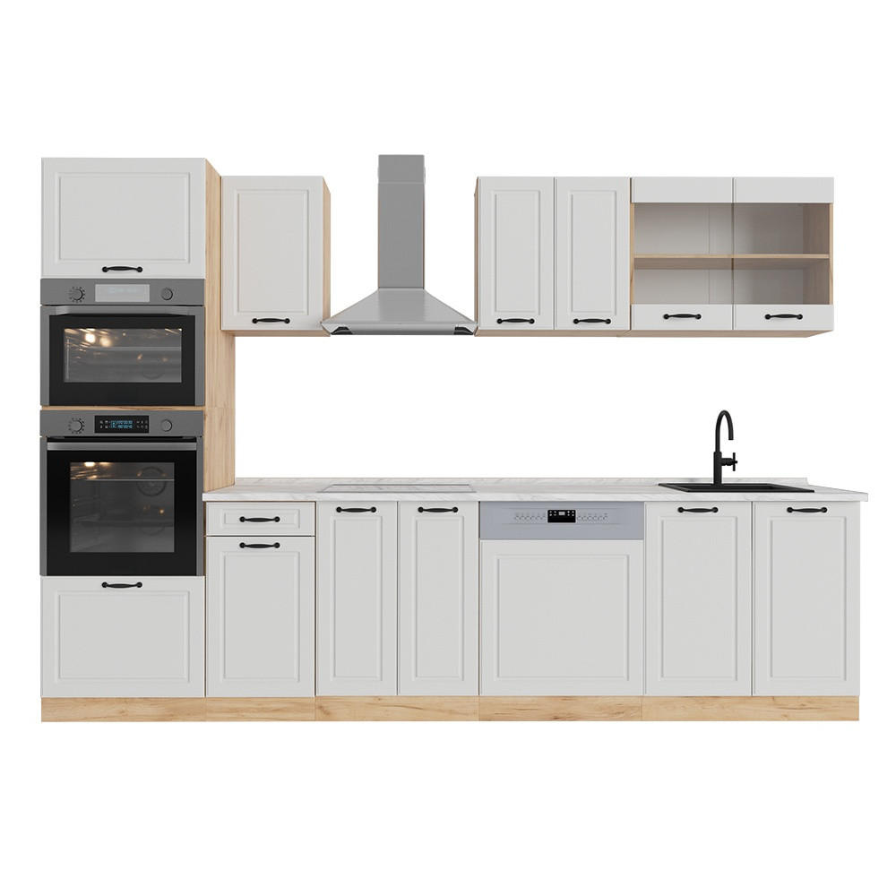 KUHINJSKI BLOK R-Line Bela podeželska hiša/zlati hrast 300 cm z visoko omaro, DP Marmor - bela/medeni hrast, leseni material (300/81.6/60cm) - Vicco