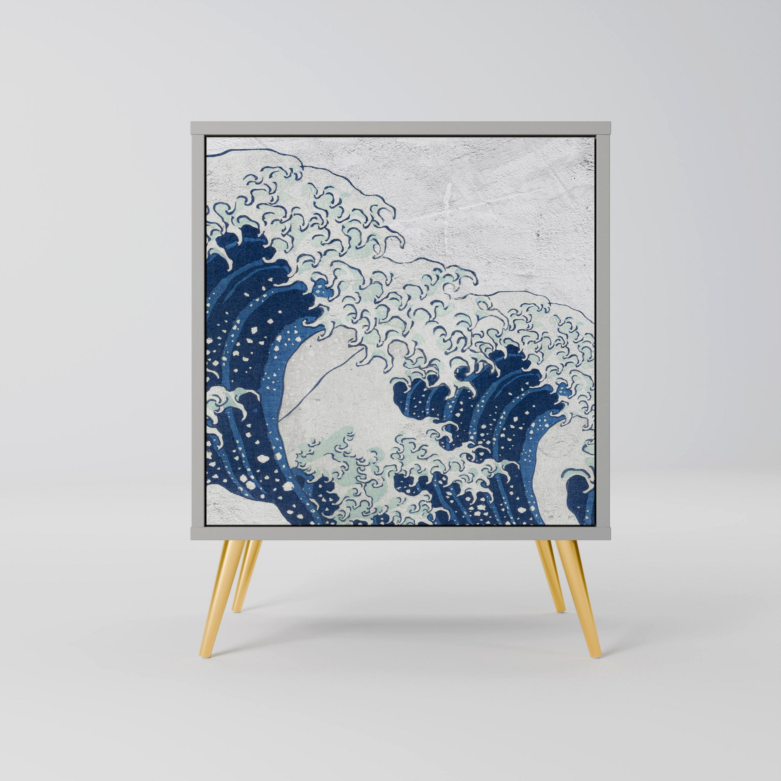 SIDEBOARD THE GREAT WAVE AT KANAGAWA, Grau, 57,5x42x75,5 cm, Goldfarbene Metallfüße - Goldfarben/Multicolor, Holzwerkstoff/Metall (57.5/75.5/42cm) - SpaceRebels