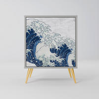 SIDEBOARD THE GREAT WAVE AT KANAGAWA, Grau, 57,5x42x75,5 cm, Goldfarbene Metallfüße - Goldfarben/Multicolor, Holzwerkstoff/Metall (57.5/75.5/42cm) - SpaceRebels