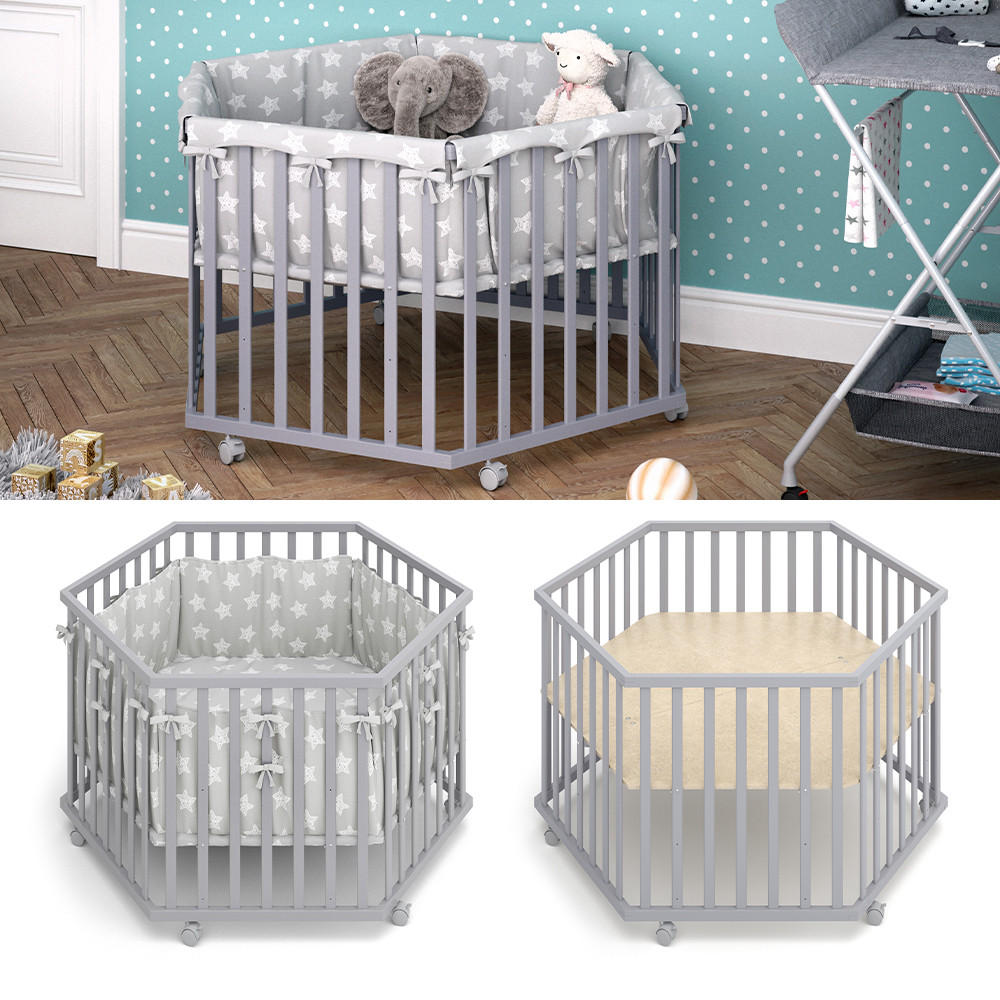 LAUFGITTER Estrella Grau 128 x 110 cm 6 Ecken - Grau, Holz (128/70/110cm) - VitaliSpa