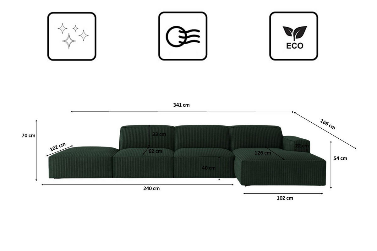 ECKSOFA Cursal L-Form, Stoff Poso, Grün + Hocker, Rechts - Grün, Holz (341/166cm) - Kaiser Möbel