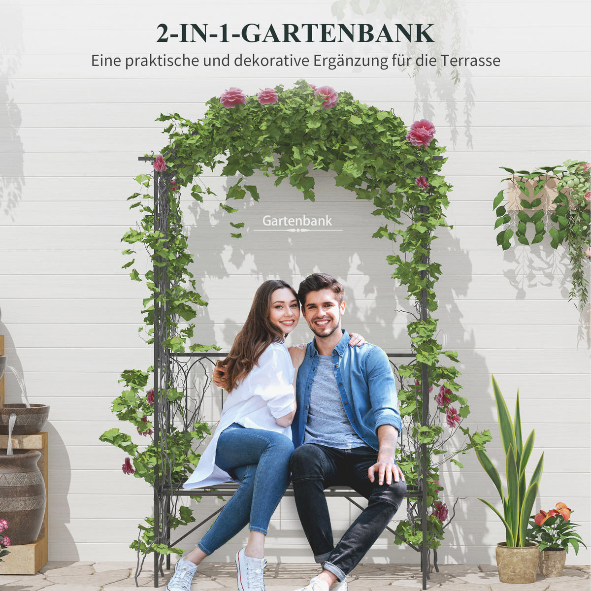 ROSENBOGEN mit Bank, 115 x 50 x 203 cm, Metall, Schwarz - Schwarz, Metall (115/203/50cm) - Outsunny