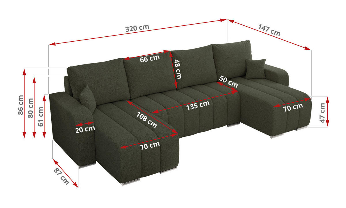WOHNLANDSCHAFT KIRASSO U Grün Boucle - Grau/Grün, Textil/Metall (320/86/147cm) - MKS