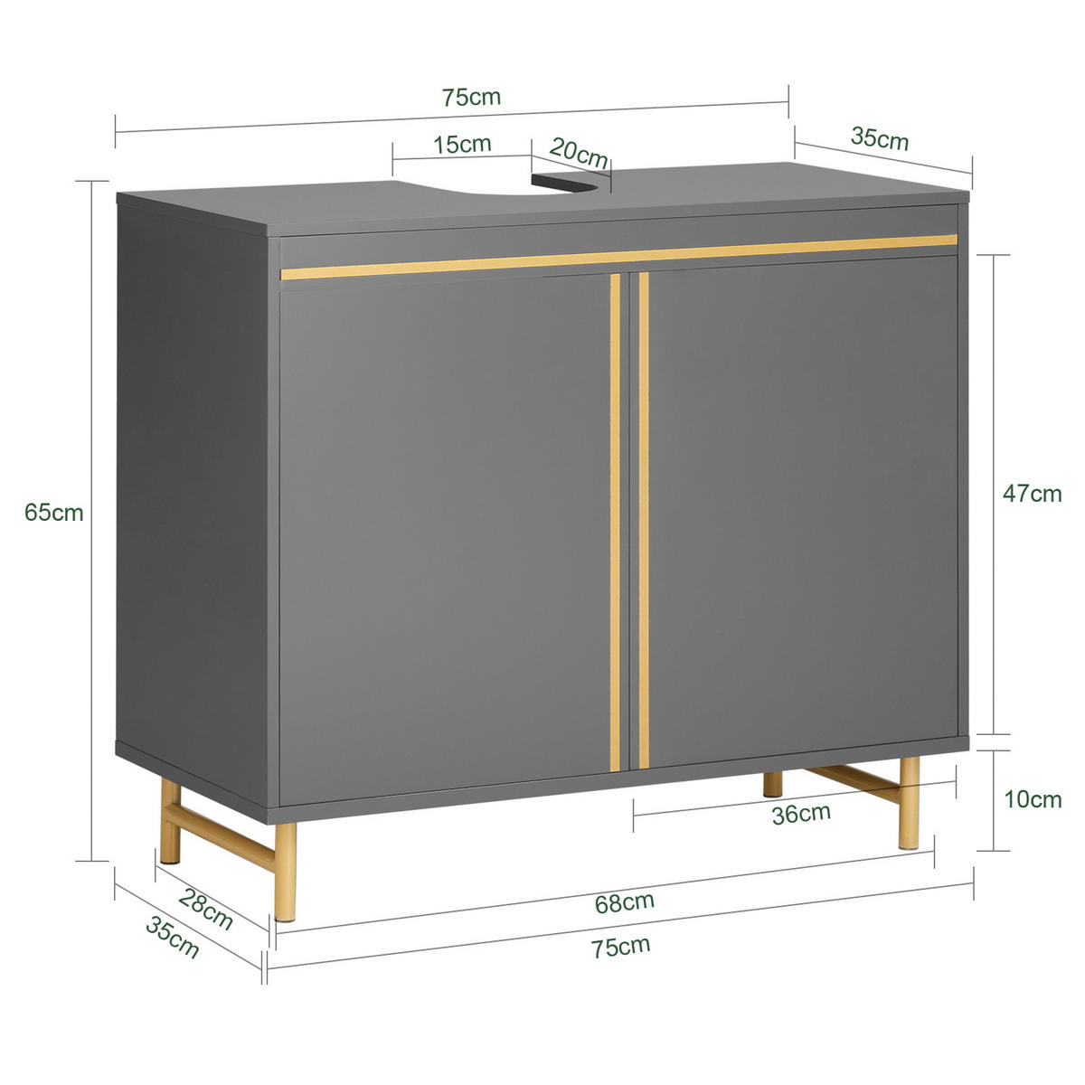 WASCHBECKENUNTERSCHRANK Grau - Goldfarben/Grau, Holzwerkstoff/Metall (75/65/35cm) - SoBuy