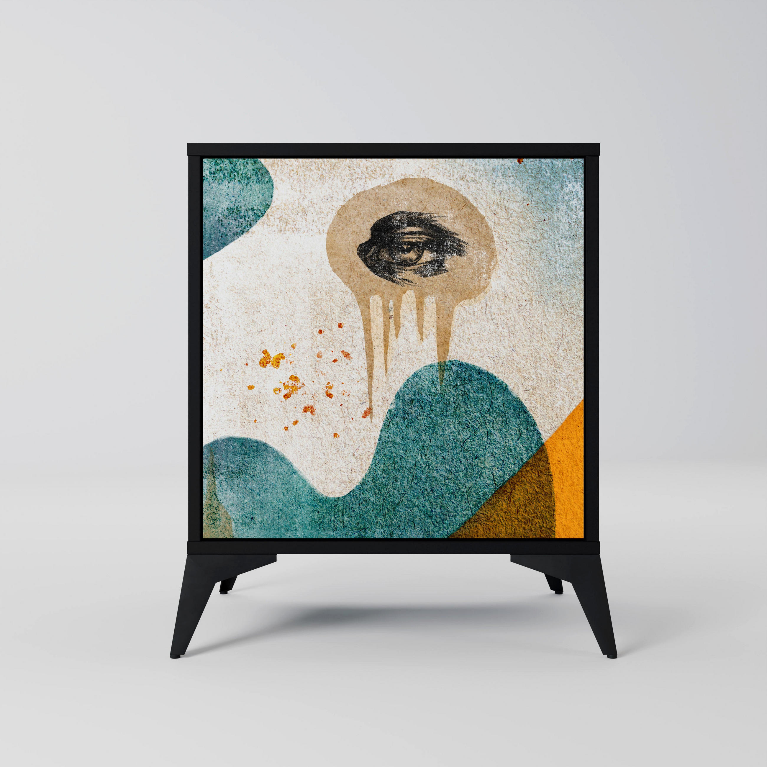 SIDEBOARD ABSTRACT FACES, Schwarz, 57,5x42x70,5 cm, Schwarze Metall-Sternfüße - Multicolor/Schwarz, Holzwerkstoff/Metall (57.5/70.5/42cm) - SpaceRebels