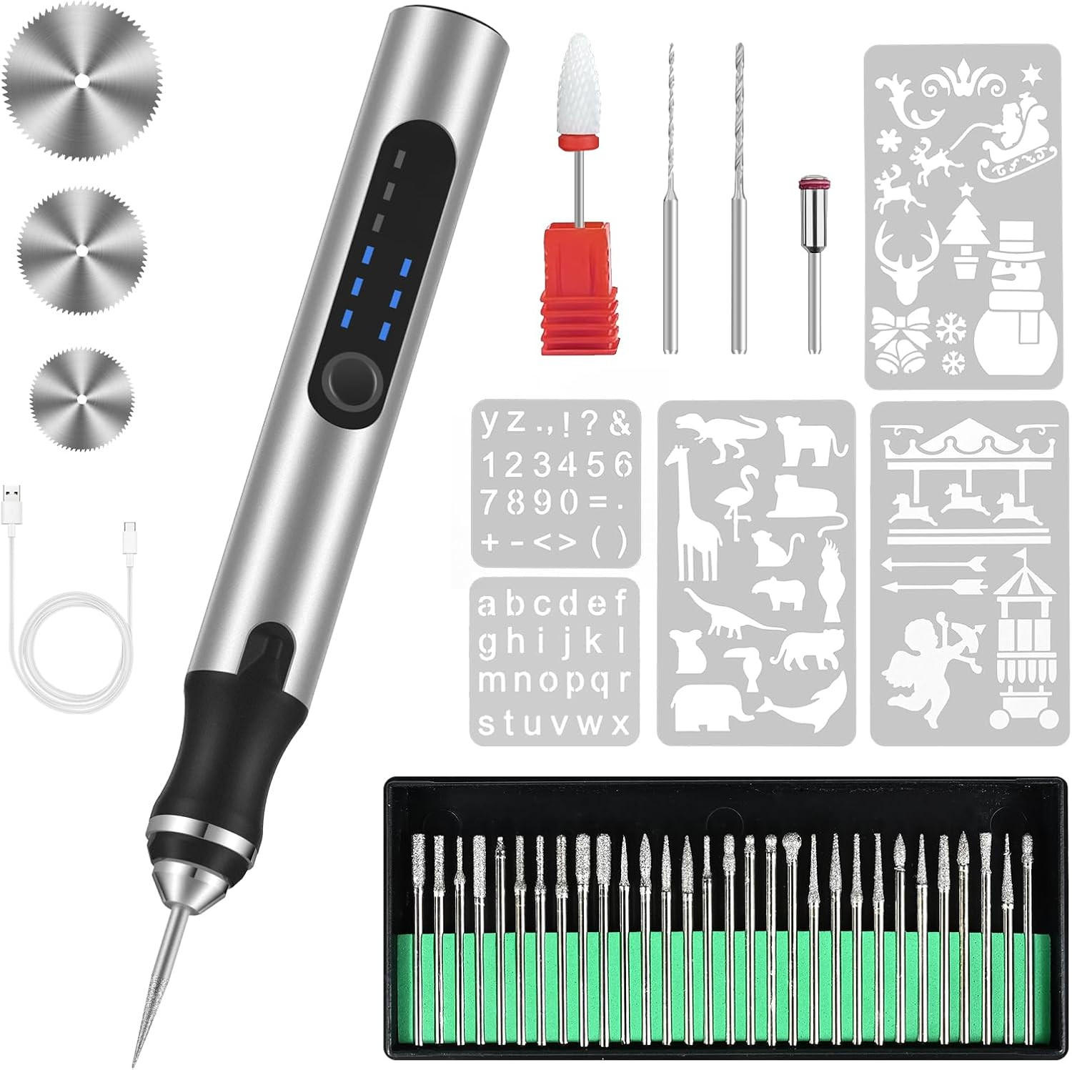 GRAVIERSTIFT – USB-wiederaufladbares Gravierwerkzeug-Set – Enthält 37 Spitzen und 5 Schablonen (silber) - Silberfarben, Metall (21/14/4cm)