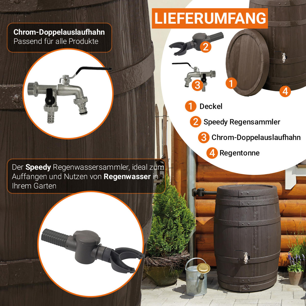 REGENTONNE Komplett-Set 420 L, braun inkl. Chrom-Doppelauslaufhahn und Fallrohranschluss - Braun, Kunststoff (78/105/80cm) - GARANTIA