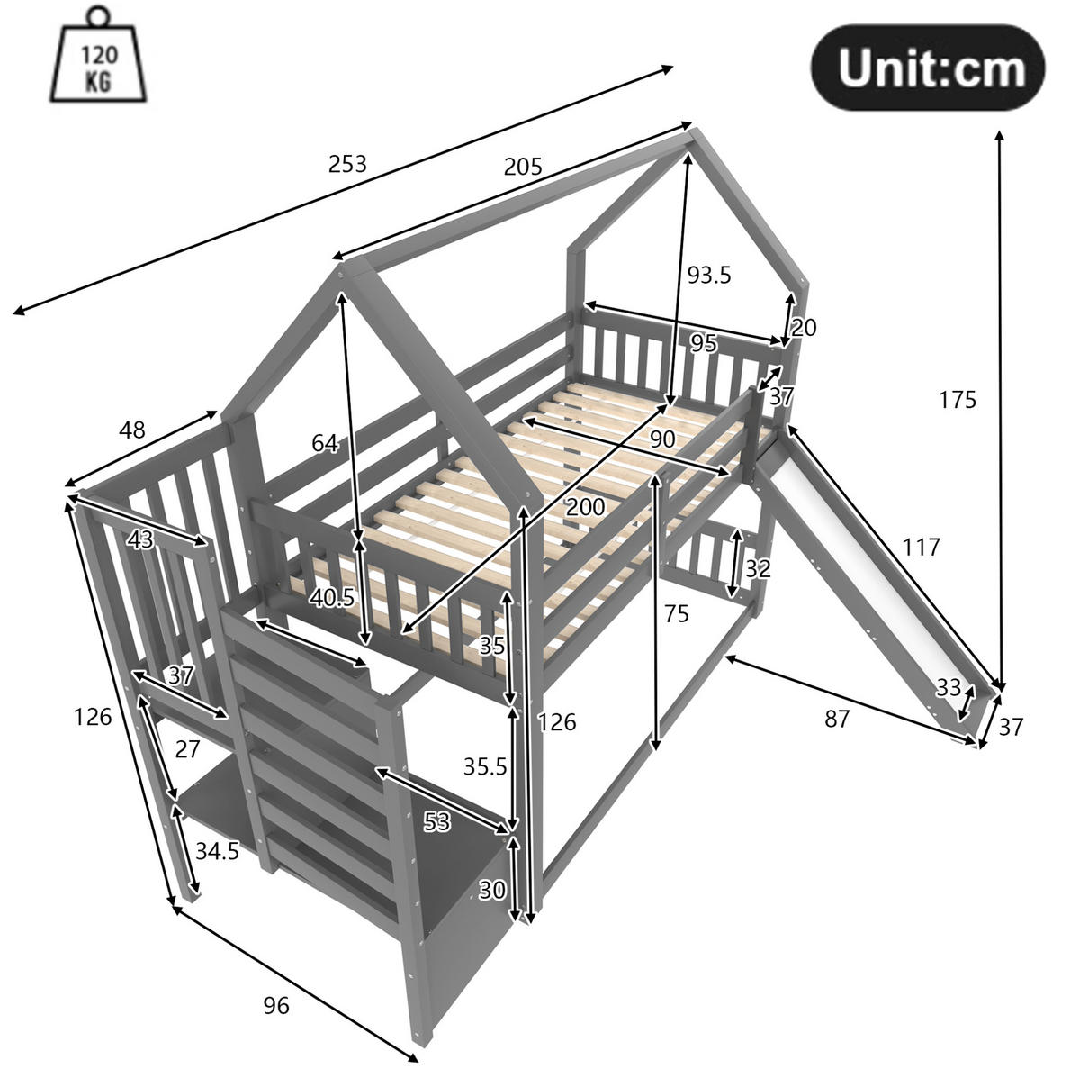 ETAGENBETT aus Kiefernholz und MDF 90x200 cm Grau mit Stauraumtreppe, Rutsche und Hausdesign - Grau, Holzwerkstoff (90/200cm) - Modfu