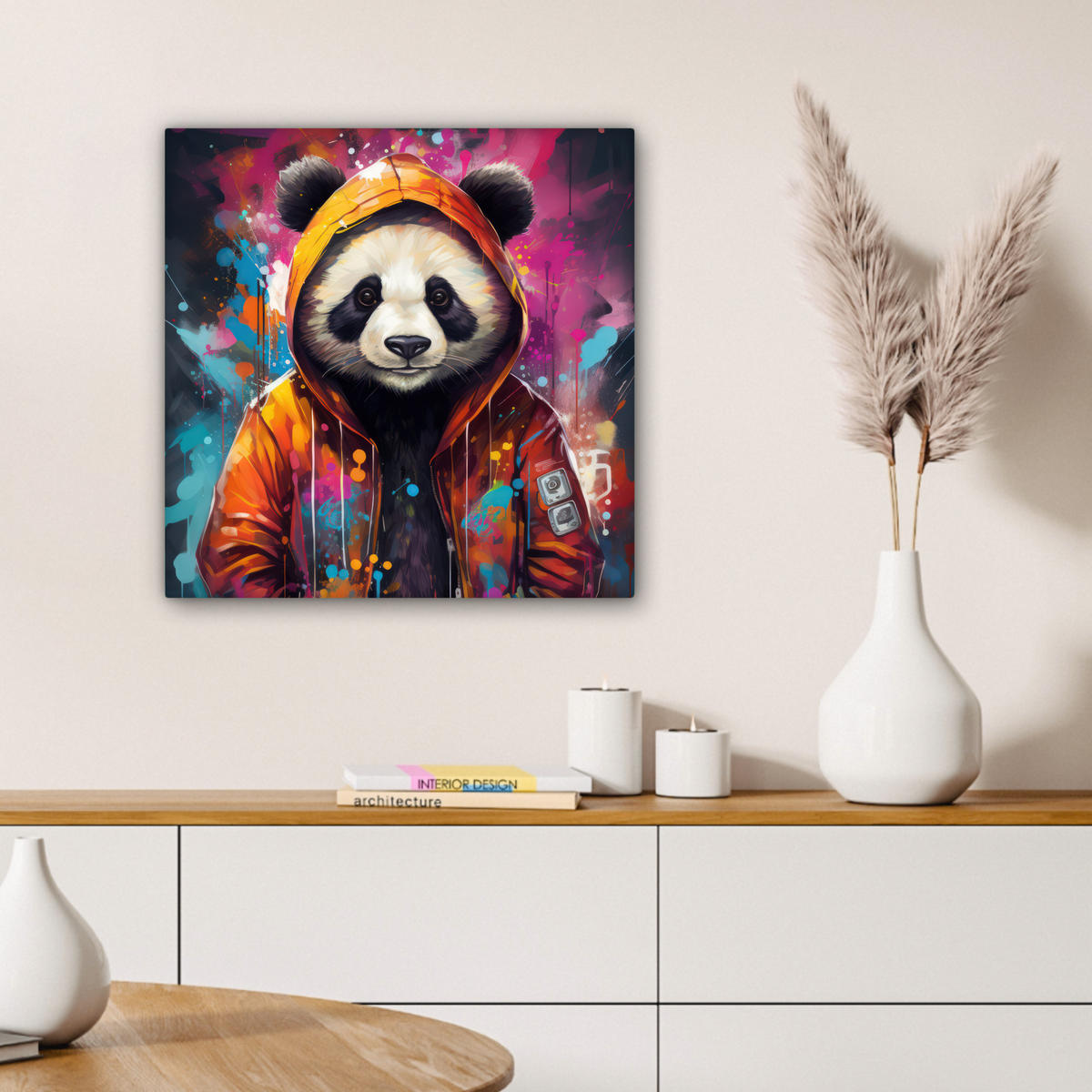 LEINWANDBILD Panda - Jacke - Graffiti - Orange Wandbild Wohnzimmer 50x50 cm - Orange, Textil (50/50cm) - MuchoWow