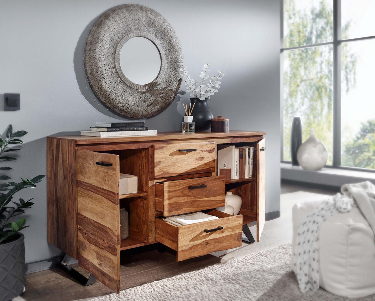 SIDEBOARD – Massivholz, 145x82x45 cm, mit Baumkante, Metallgestell - Schwarz/Braun, Holz/Metall (145/82/45cm) - KADIMA DESIGN