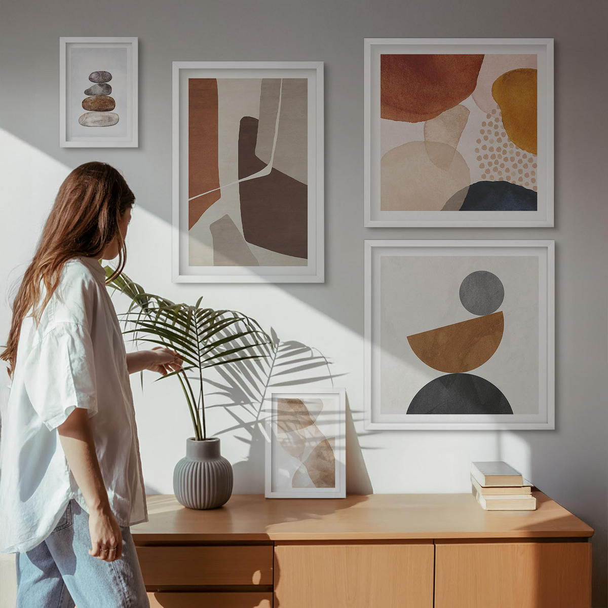 WANDBILDER 5er-Set - 50x50 cm & 20x30 cm & 40x60 cm Weißer Rahmen - Abstrakte Malerei Dekorationen - Weiß, Kunststoff (40/60cm) - ArtPrintCave