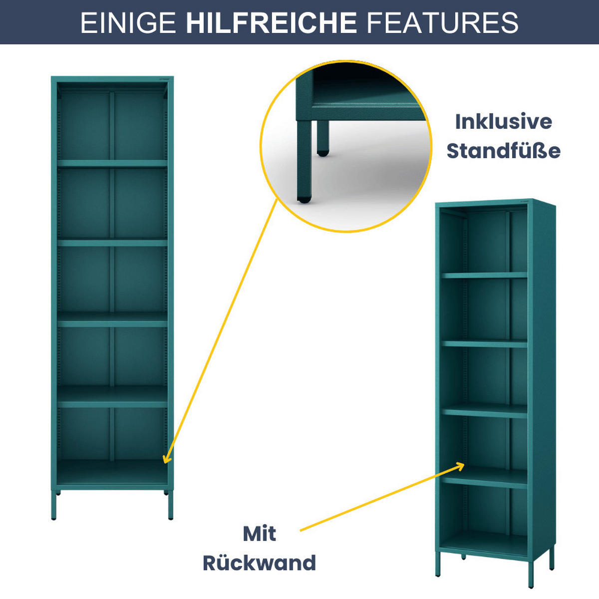 BÜCHERREGAL Metall CLIEN 5 Ebenen 180x50x35cm Türkis - Türkis, Metall (50/180/35cm) - DELUKE
