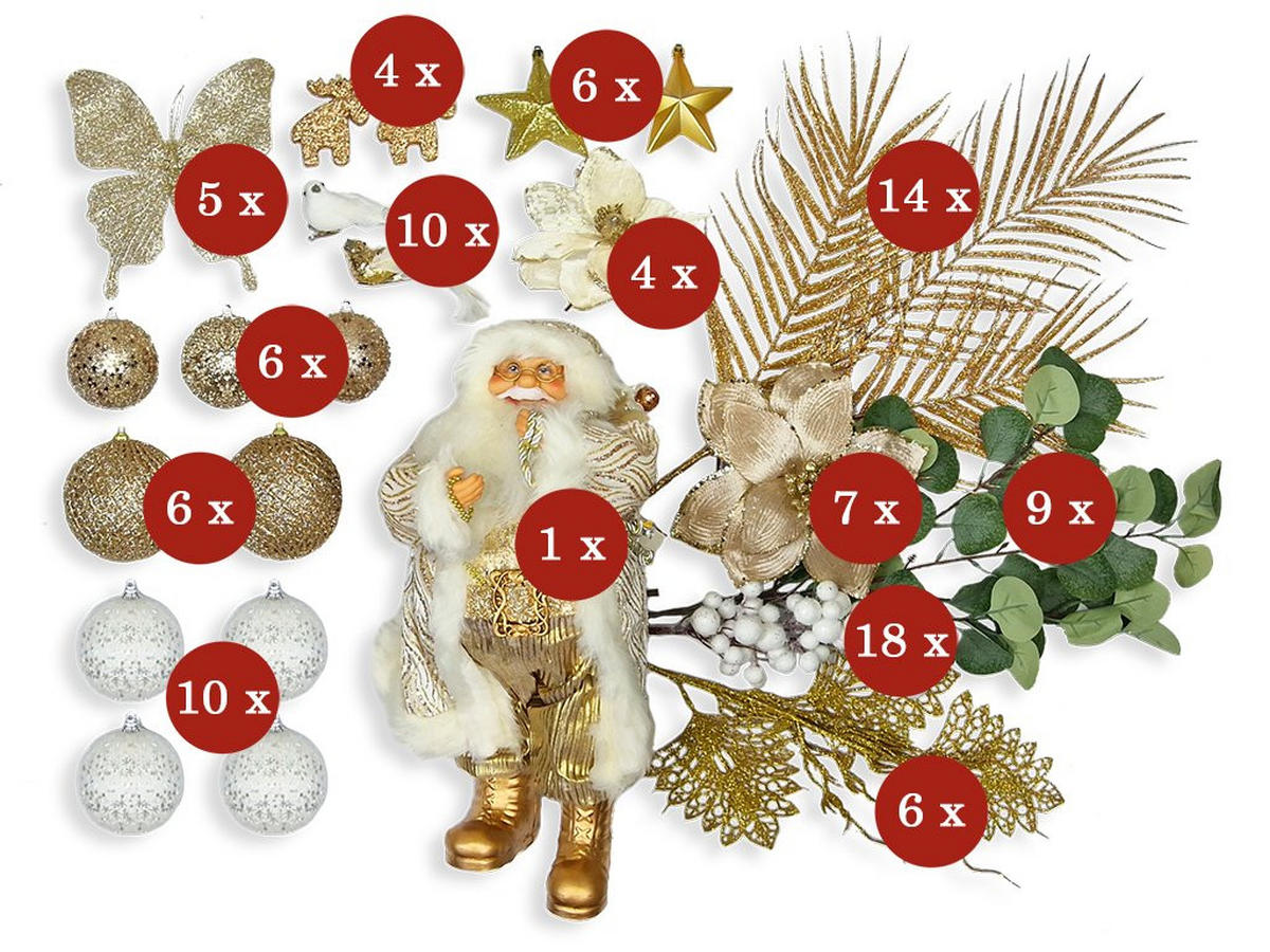 WEIHNACHTSBAUM künstlicher 150 cm, CHAMPAGNEGLANZ, mit 106-teiligem Weihnachtsbaumschmuck, inkl. Metallständer und Aufbewahrungsbox - Champagner/Goldfarben, Kunststoff/Metall (104/150cm) - LAALU