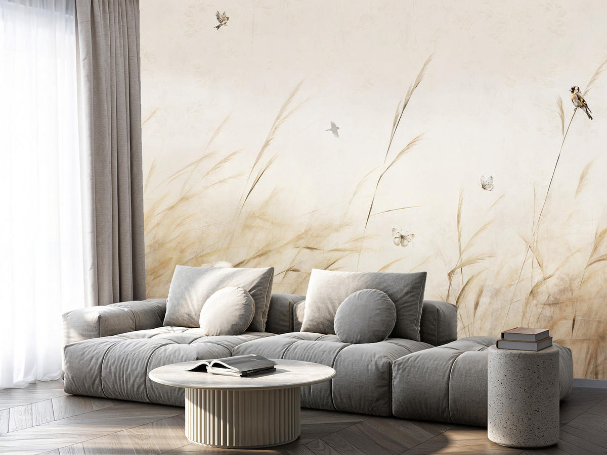 FOTOTAPETE für Schlafzimmer Vögel Storch Hohe Gräser Aquarell 150x105 - Beige/Gelb, Papier (150/105cm) - Muralo