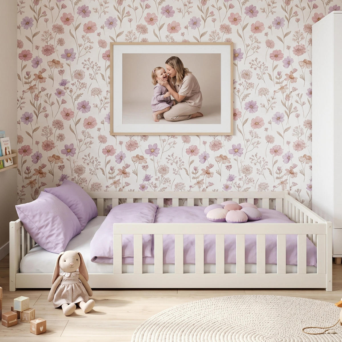 BODENBETT 140x200 cm in Baumwolle - Beige, Holz (140/200cm) - Kids Collective
