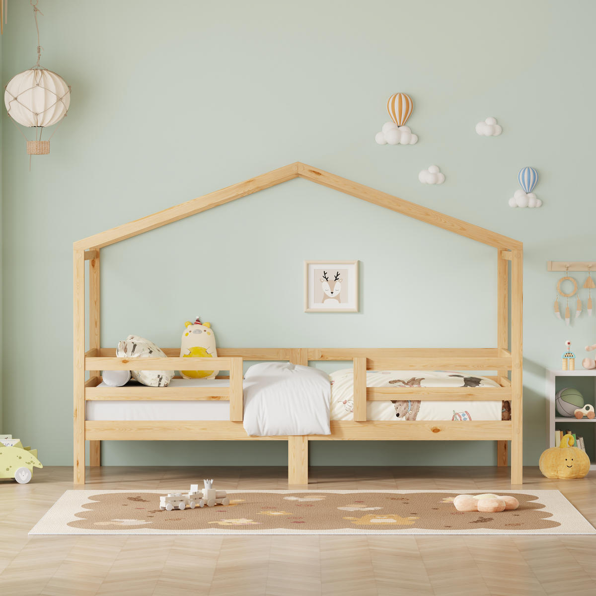HAUSBETT 90/200 cm mit Rausfallschutz, DE-41909, in Naturholz - Naturfarben, Holzwerkstoff (90/200cm) - ComfortXL