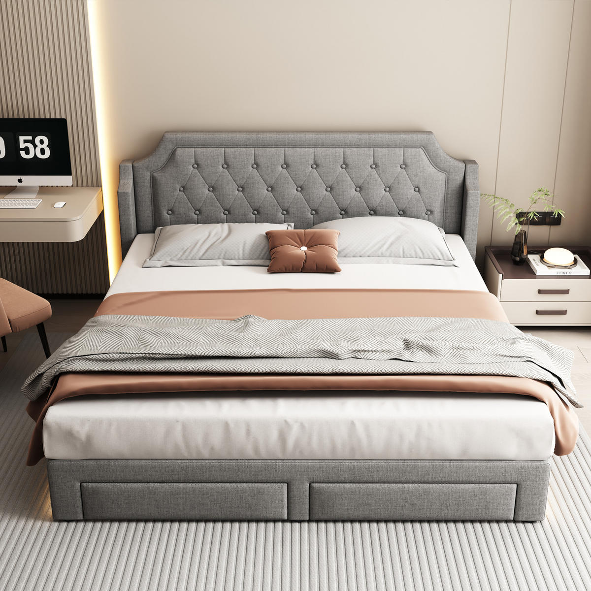 STAURAUMBETT 180/200 cm DE-00459, in Grau, 2 Schubladen und LED - Grau, Metall (180/200cm) - ComfortXL