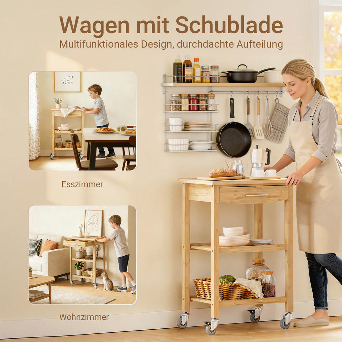 KÜCHENWAGEN mit Schublade und Rollen 58x40x86 cm FKW135-N - Naturfarben, Holz (58/86/40cm) - SoBuy