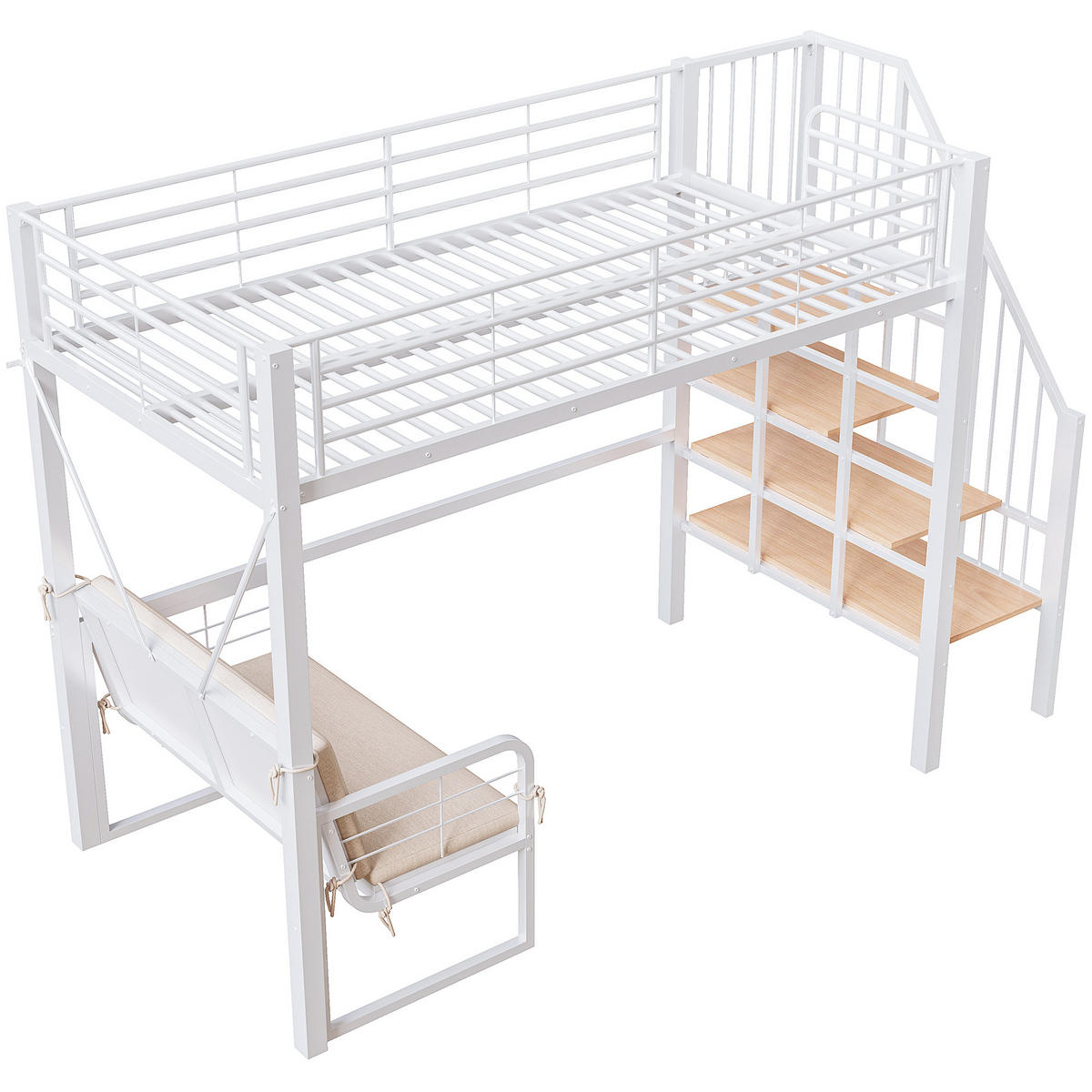 ETAGENBETT 90/200 cm mit abnehmbarem Polstersofa, Stauraumtreppe und Metall-Rahmen, Weiß - Weiß, Holzwerkstoff (90/200cm) - Redom
