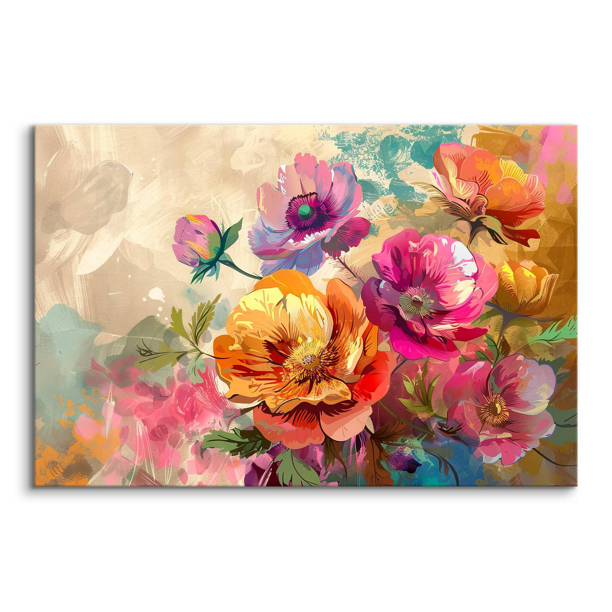 LEINWANDBILD für Wohnzimmer bunte Blumen Blätter Natur 120cm x 80cm - Blau/Beige, Textil (120/80cm) - Muralo