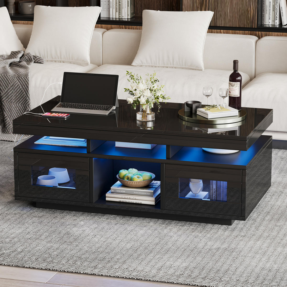 COUCHTISCH aus Spanplatte 100x50x43 cm in Schwarz mit LED & Steckdose - Schwarz, Holzwerkstoff (100/50/43cm) - Modfu
