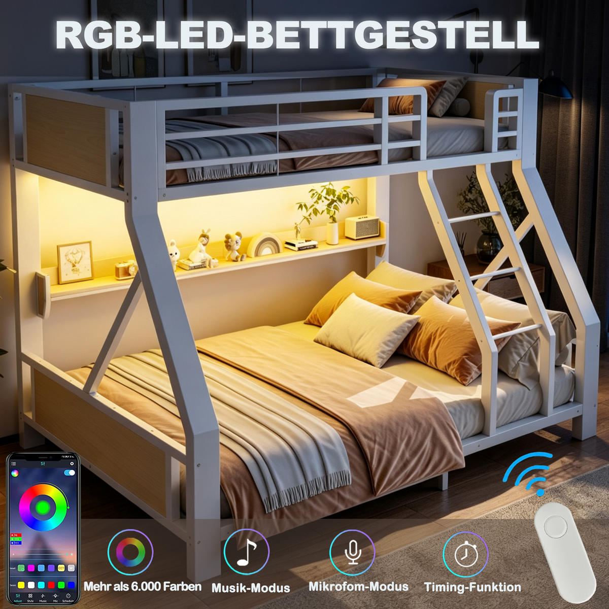 METALL-ETAGENBETT 90x200 / 140x200 cm mit LED, Weiß - Weiß, Holz (140/200cm) - FLIEKS