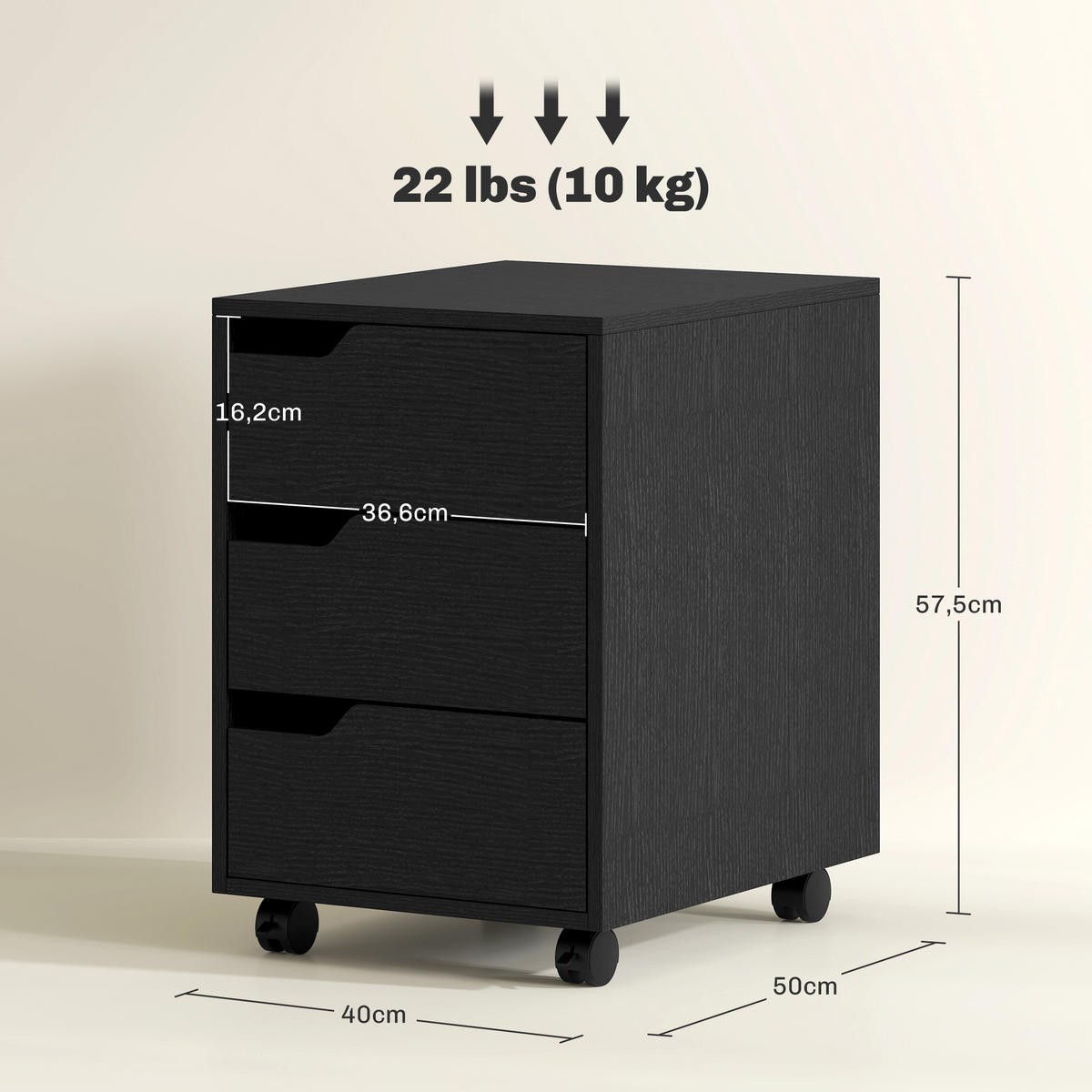 ROLLCONTAINER DE-14468 3 Schubladen, mobil Schwarz - Schwarz, Holzwerkstoff (40/57.5/50cm) - ComfortXL