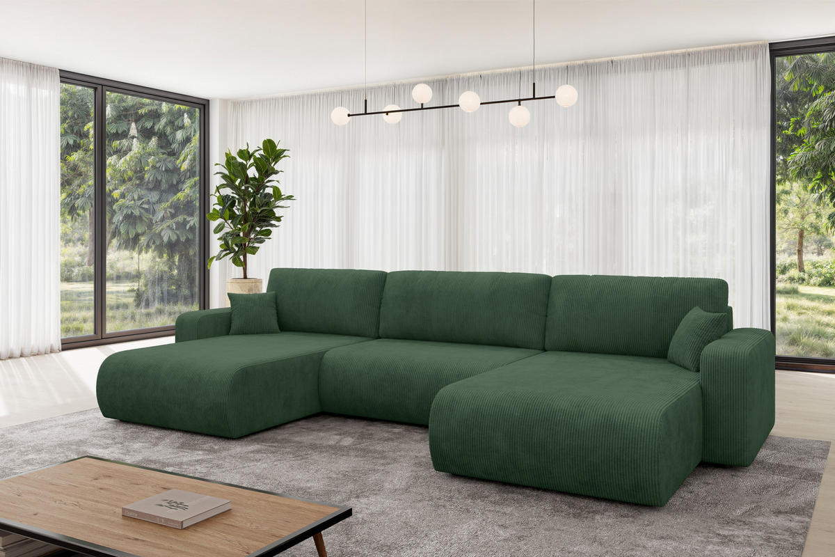 SEDACÍ SOUPRAVA DO U s funkcí spaní a úložným prostorem BERY-U 377x193x88 zelená manšestr - černá/tmavě zelená, kompozitní dřevo/textil (377/88/193cm) - ALTDECOR