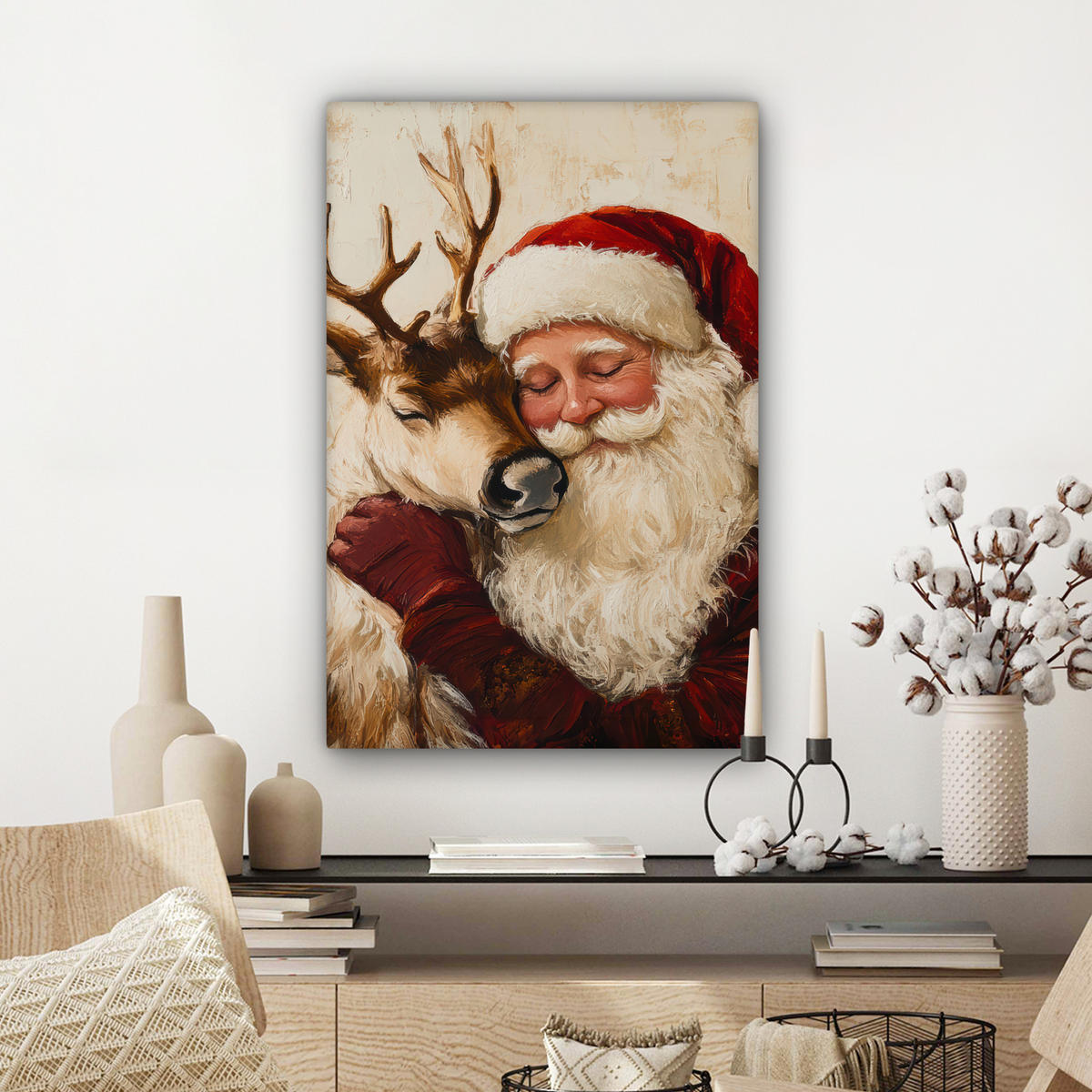 LEINWANDBILD Weihnachtsmann - Rentier - Weihnachten Wanddeko Schlafzimmer 60x90 cm - Rotbraun, Textil (60/90cm) - MuchoWow