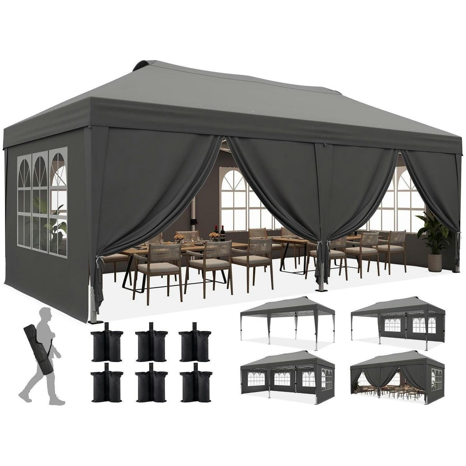 FALTPAVILLON 3x6m mit 6 Seitenwänden Grau Bogenfenster - Grau, Metall (585/285/293cm)