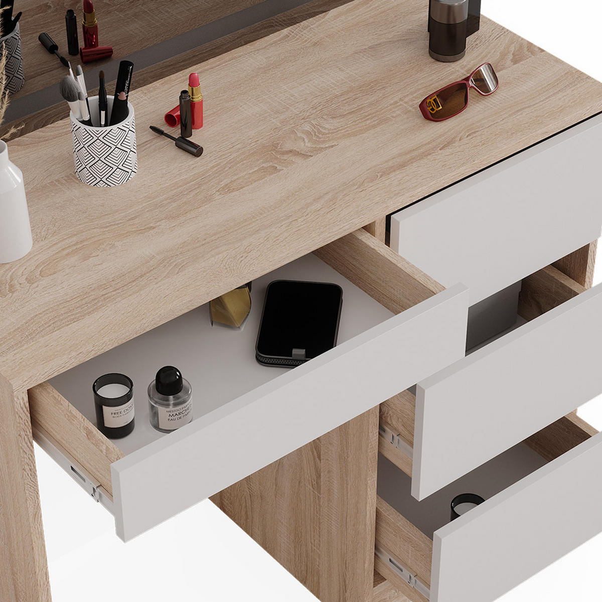 SCHMINKTISCH Sherry Sonoma 90 cm mit LED-Spiegel - Weiß/Sonoma Eiche, Holzwerkstoff (90/75/40cm) - Vicco