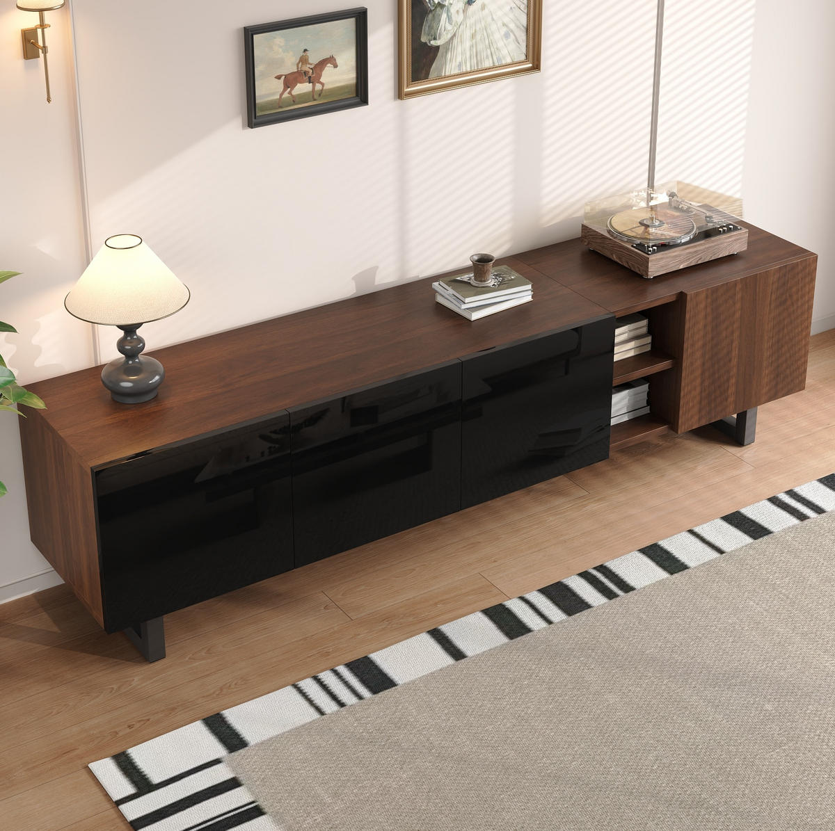 LOWBOARD 180/38/50 cm aus MDF mit Hochglanzfronten und grifflosem Türdesign Schwarz/Natur - Hellbraun, Holzwerkstoff (180/50/38cm) - Modenvie